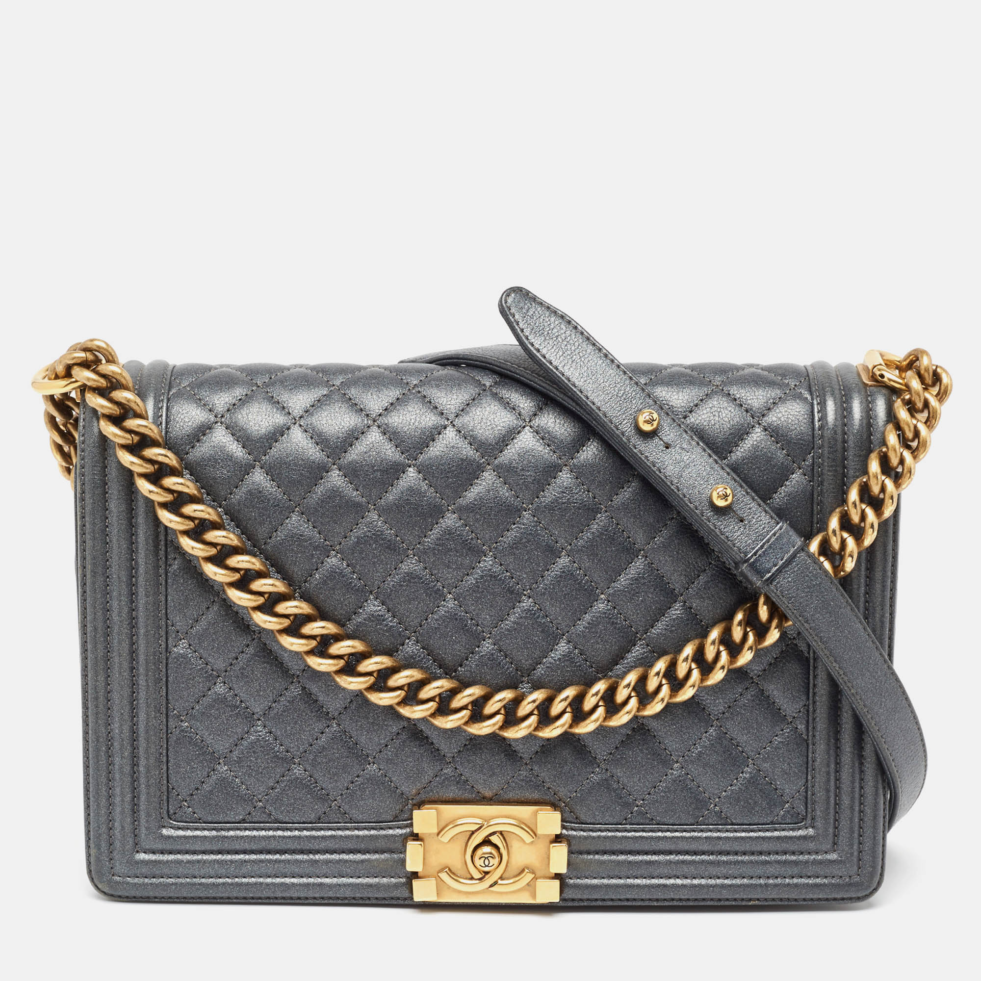 Chanel grey quilted leather new medium boy bag