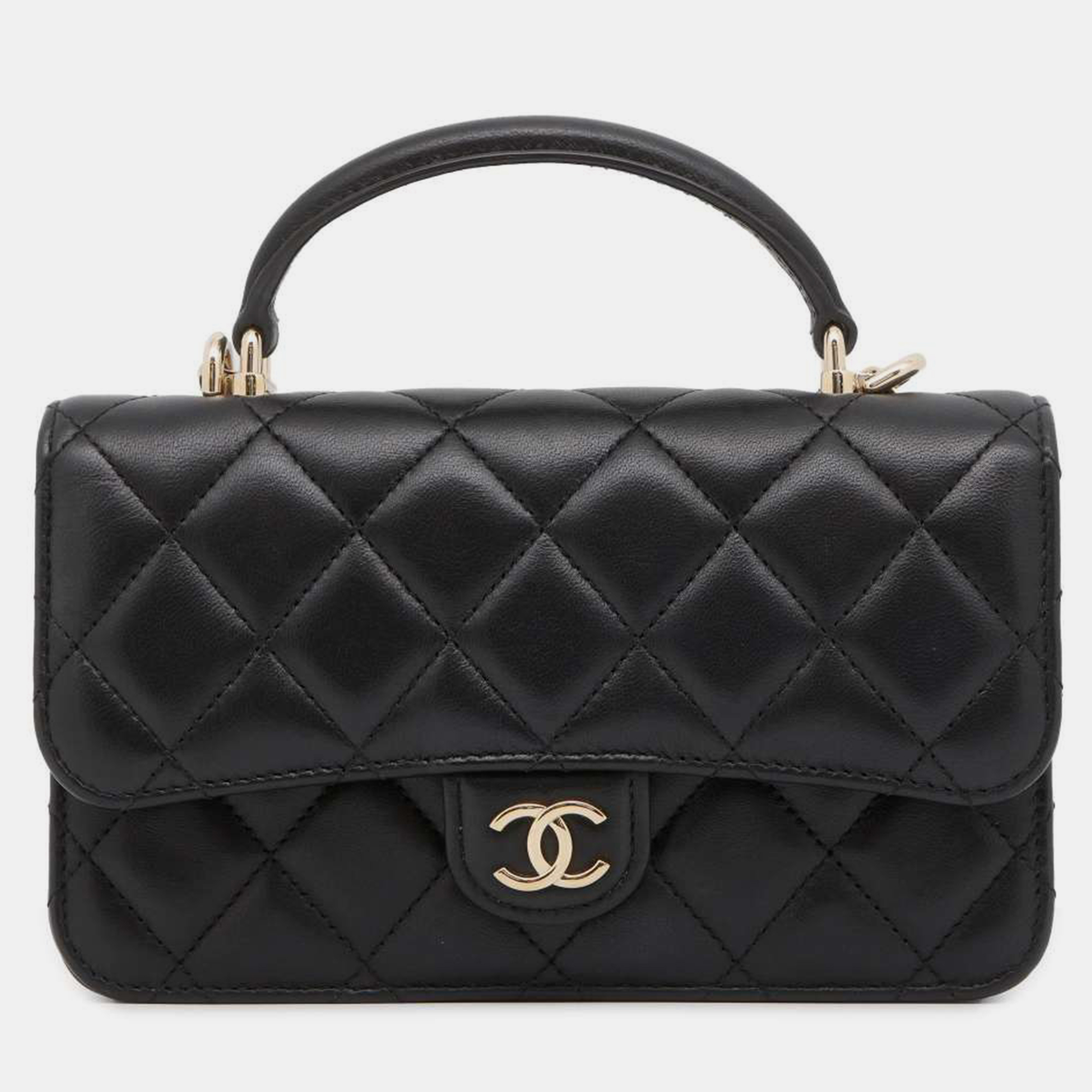 Chanel black leather top handle phone holder flap bag
