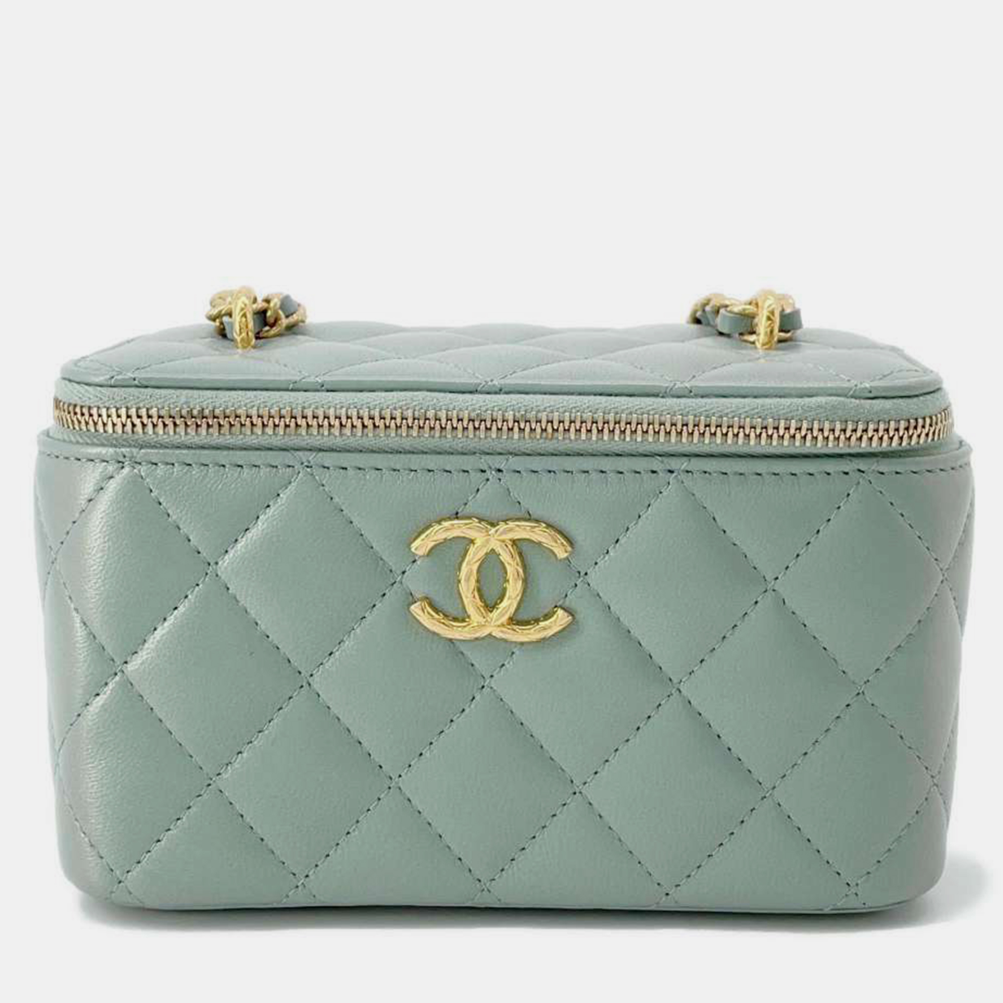 Chanel metallic green leather small vanity case handbag