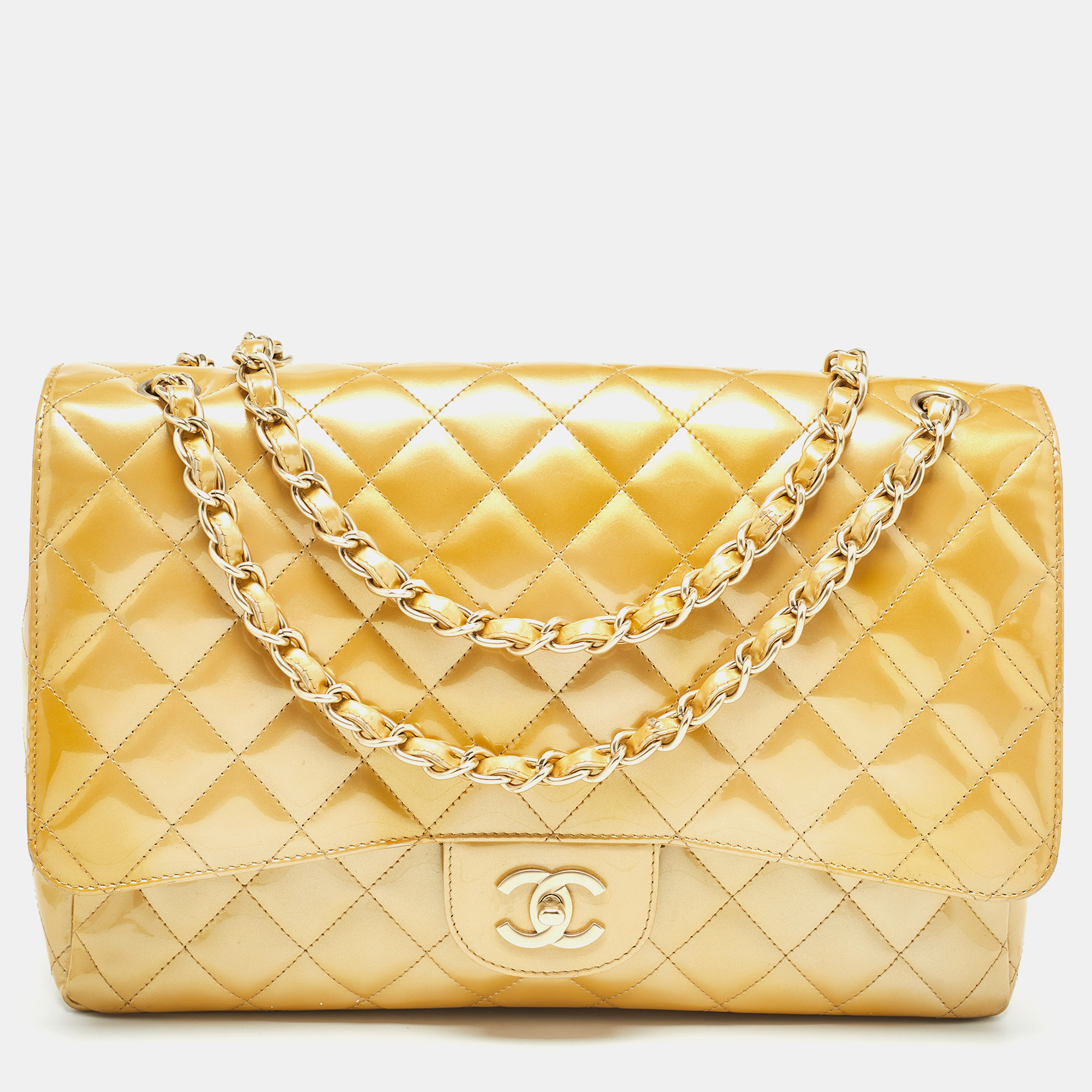 Chanel gold quilted patent leather maxi classic single flap bag