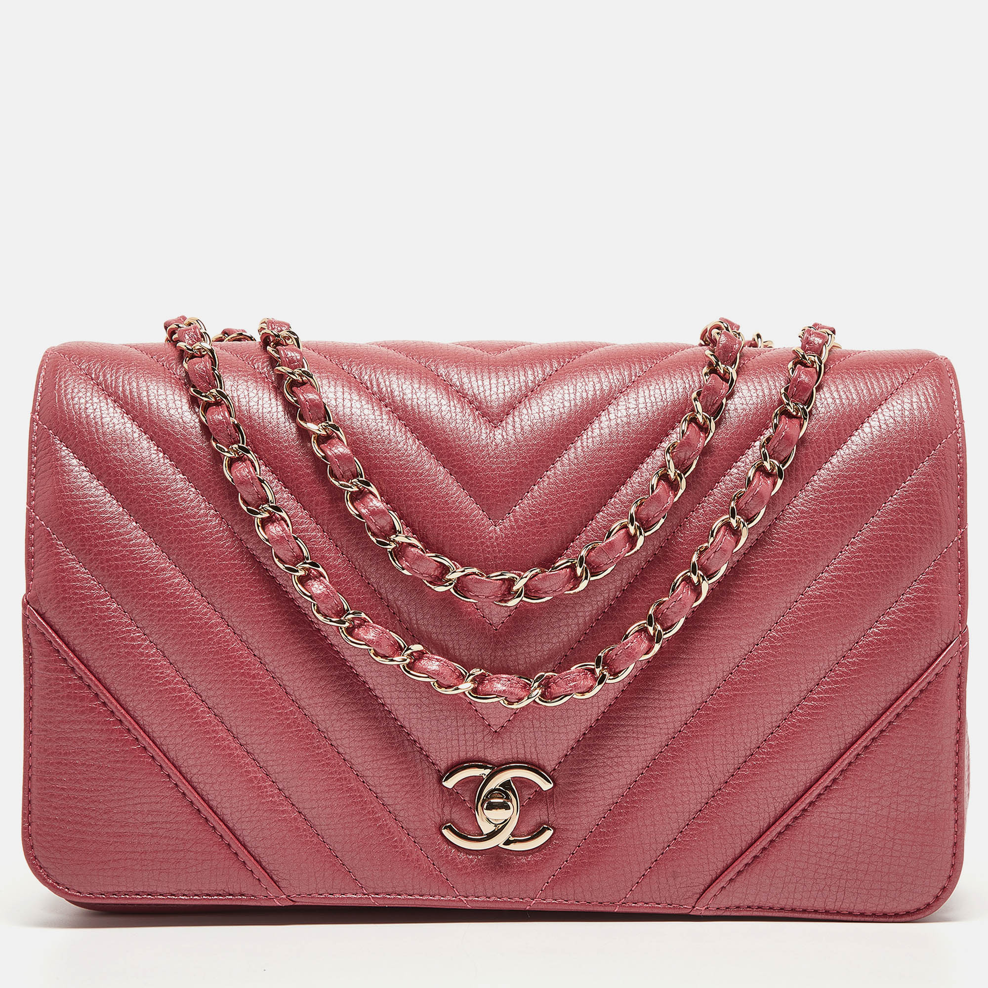Chanel pink chevron leather large statement flap bag