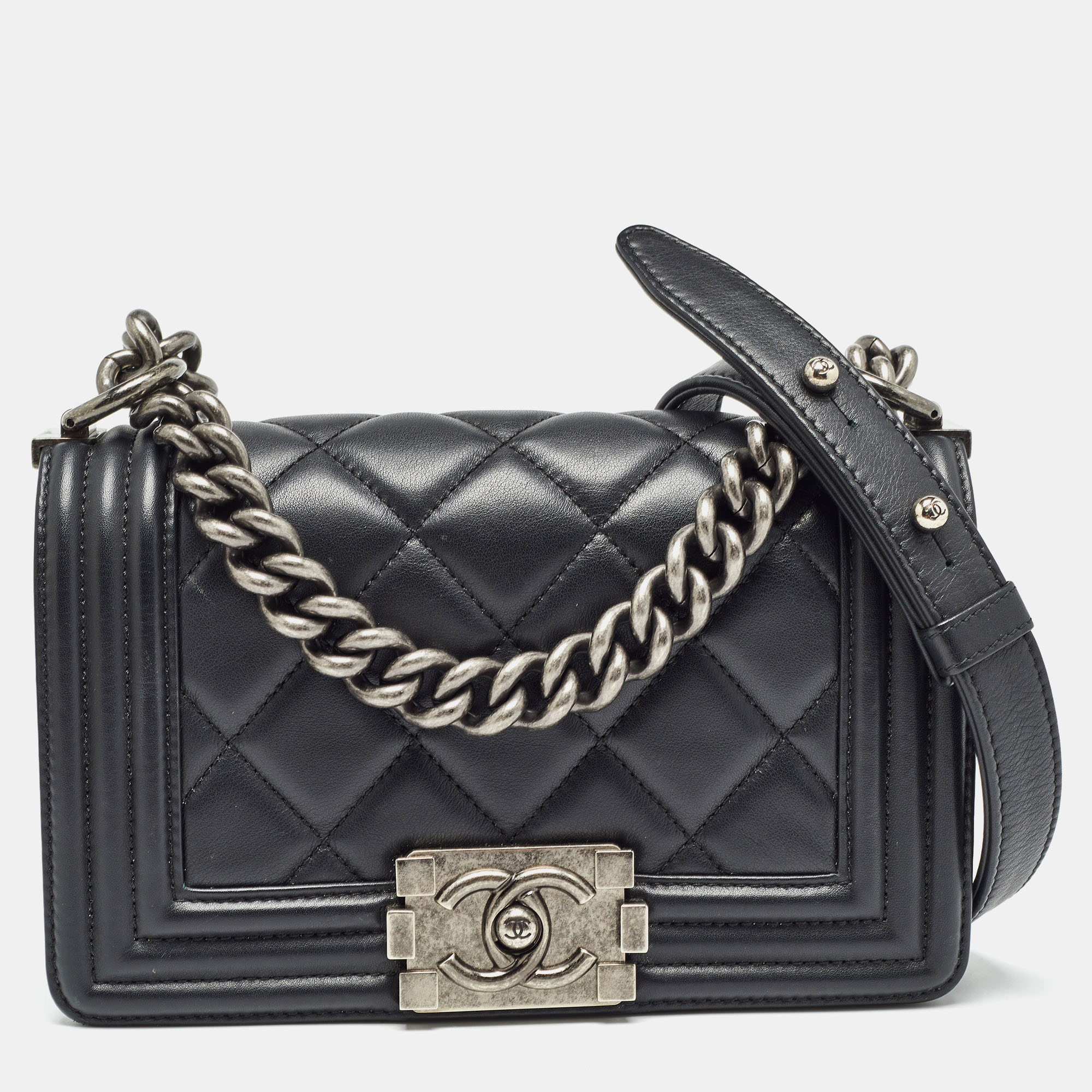 Chanel black qiulted leather mini boy bag