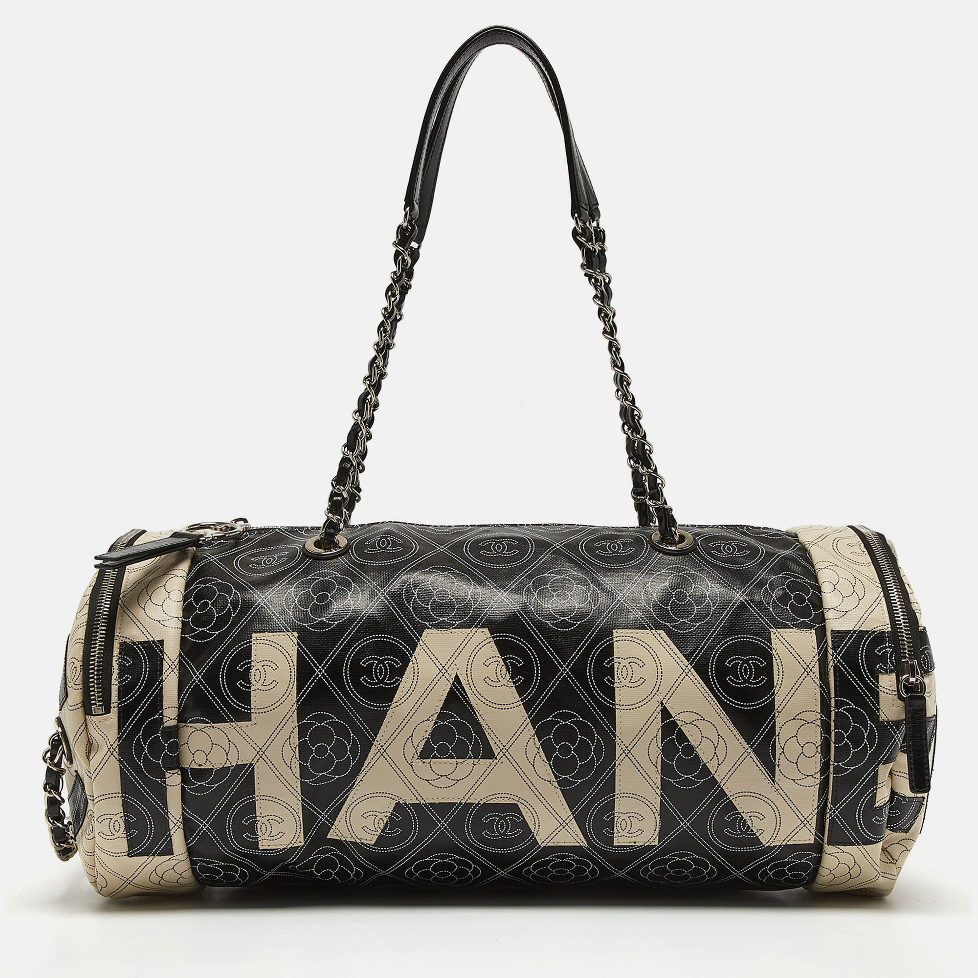Chanel black/white camellia print coated canvas bowler bag