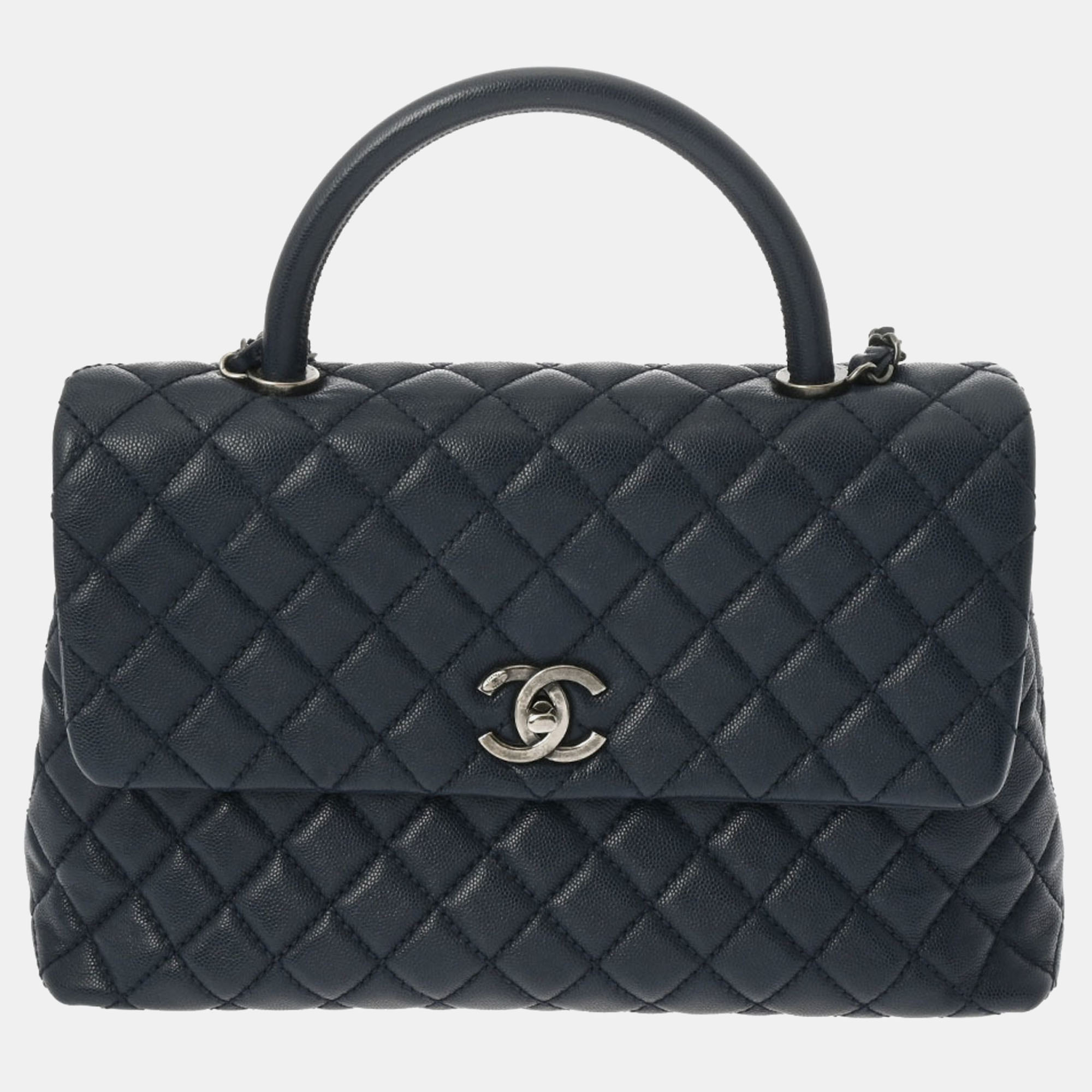Chanel navy blue caviar leather medium coco top handle bag