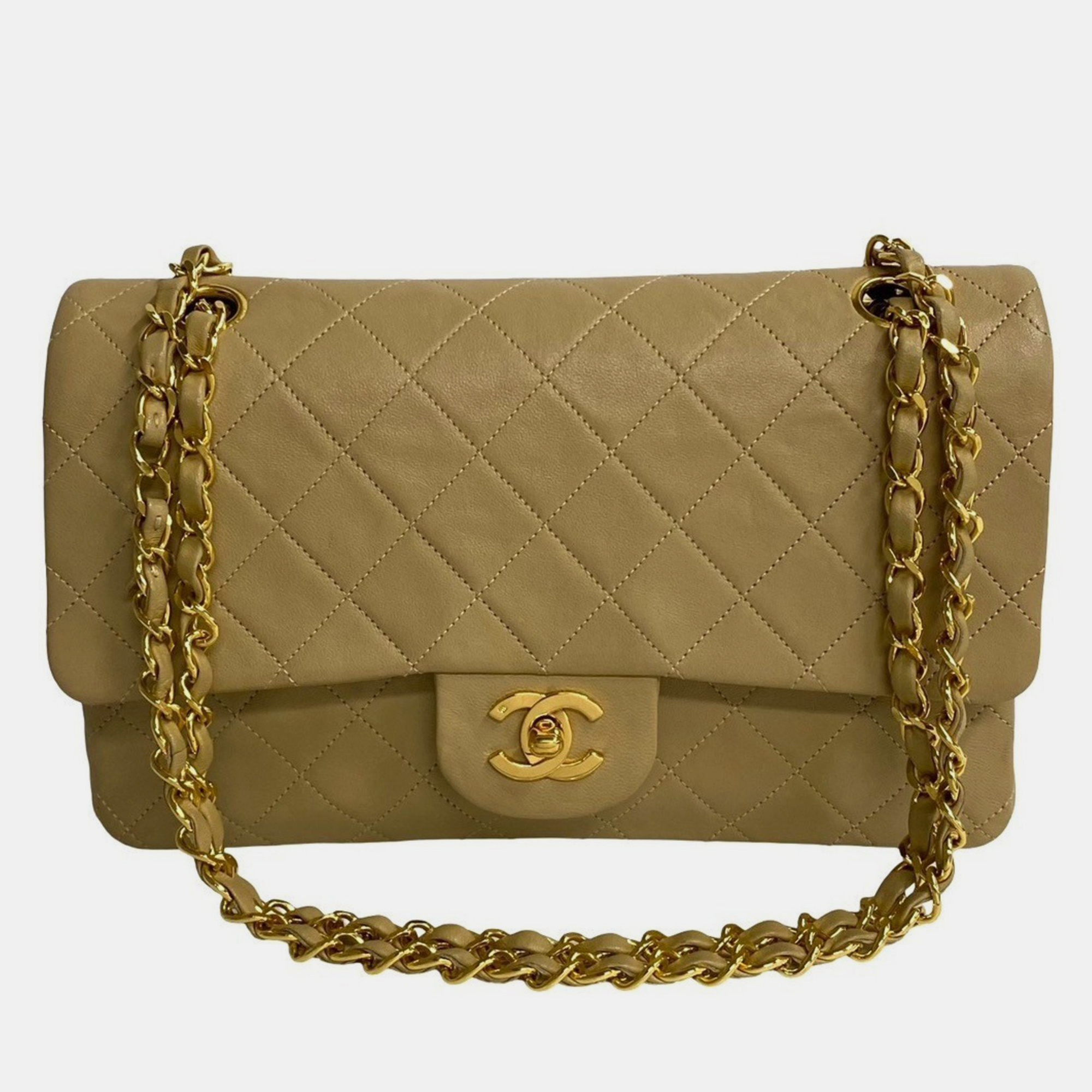 Chanel beige leather classic medium double flap bag
