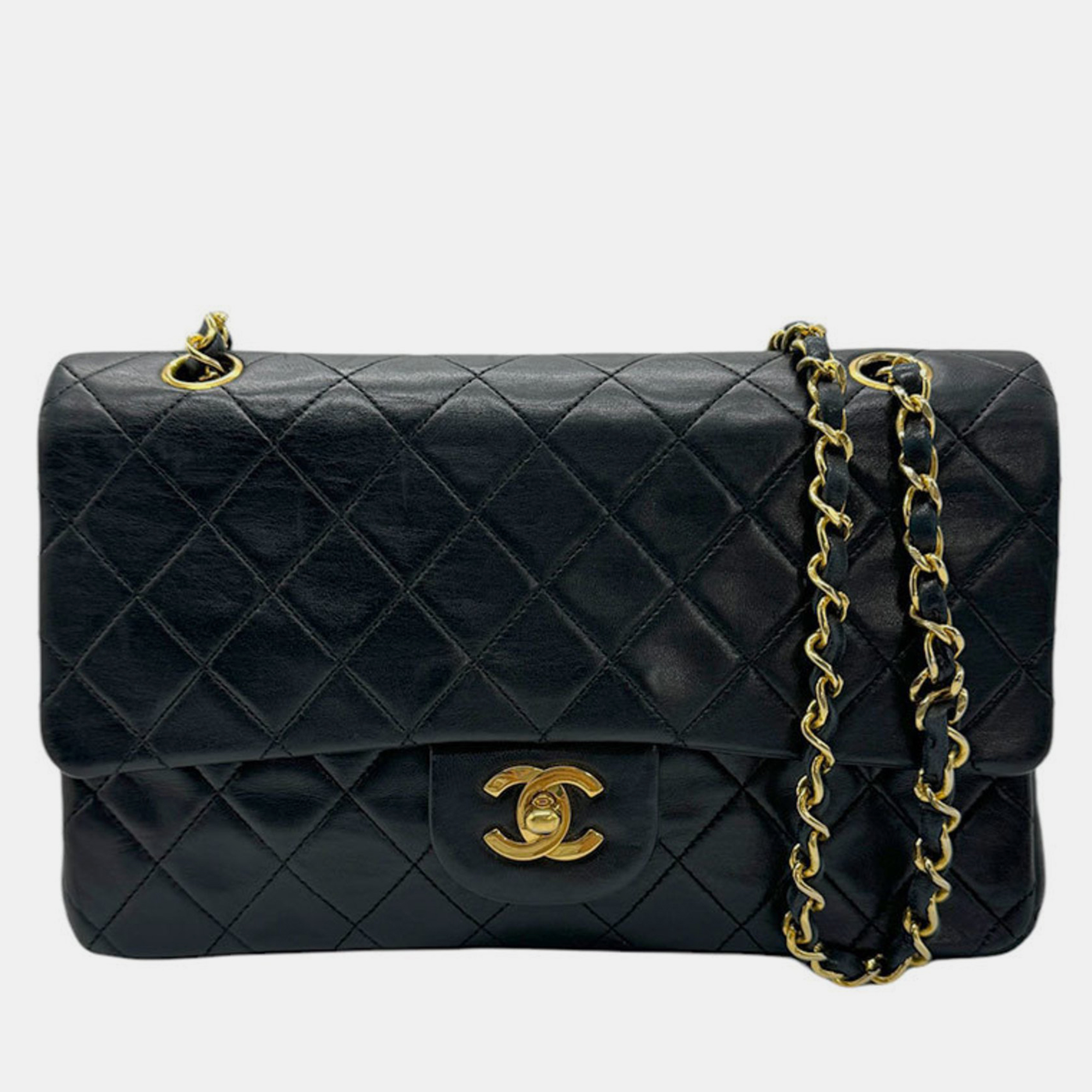 Chanel black leather classic medium double flap shoulder bag