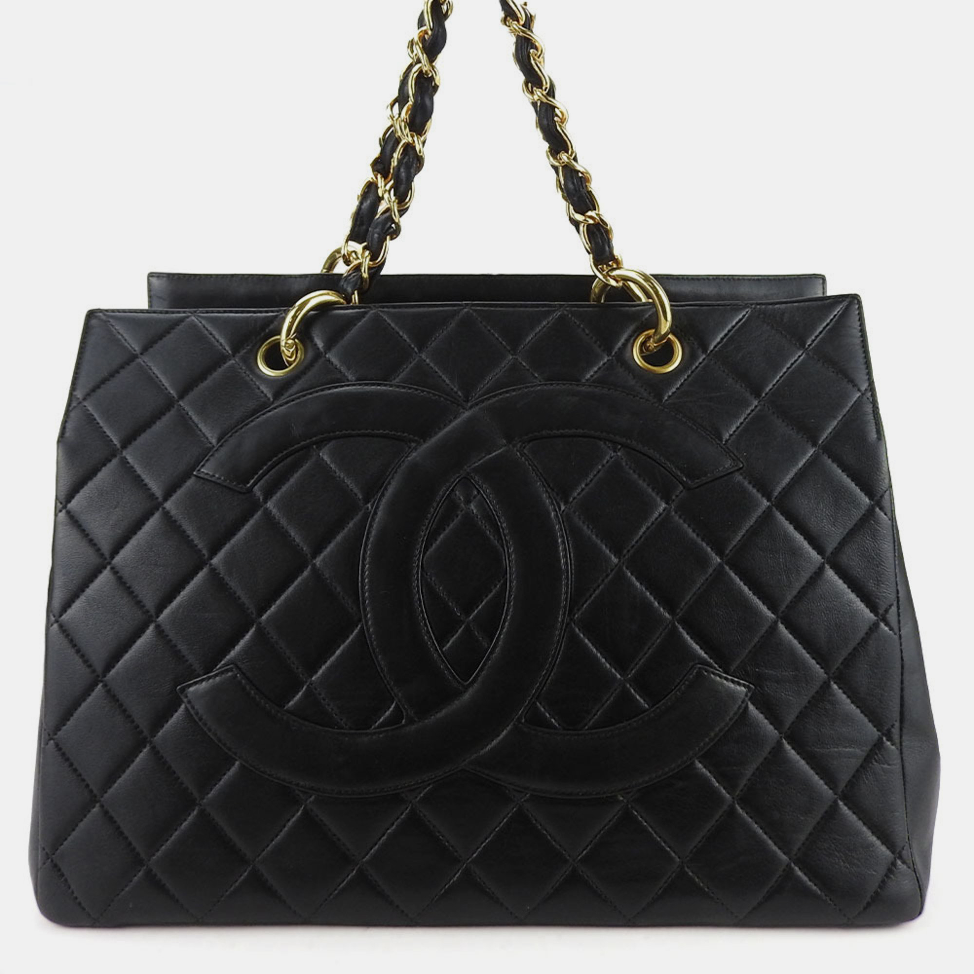 Chanel black leather grand shopping tote bag