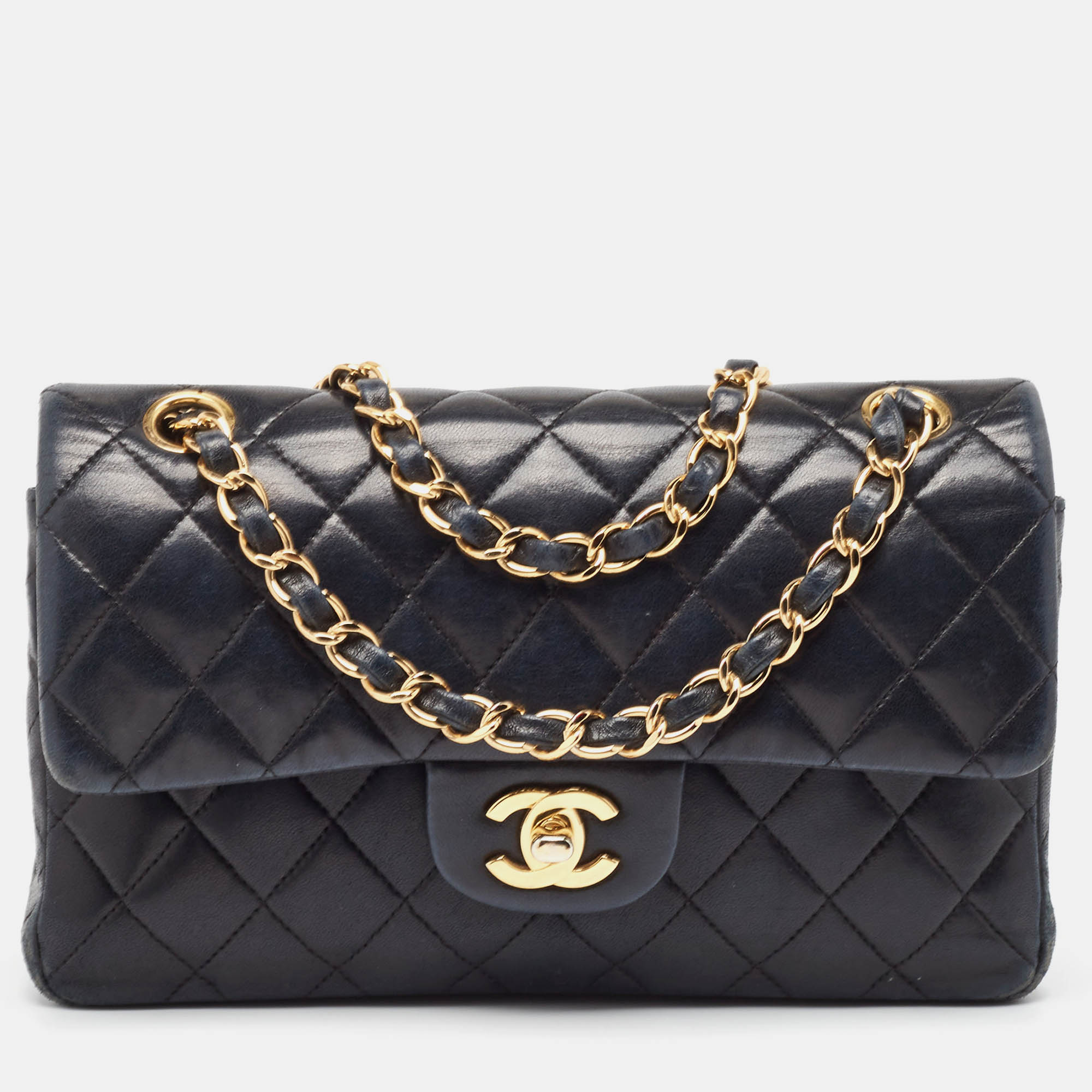 Chanel black quilted leather small classic double flap bag