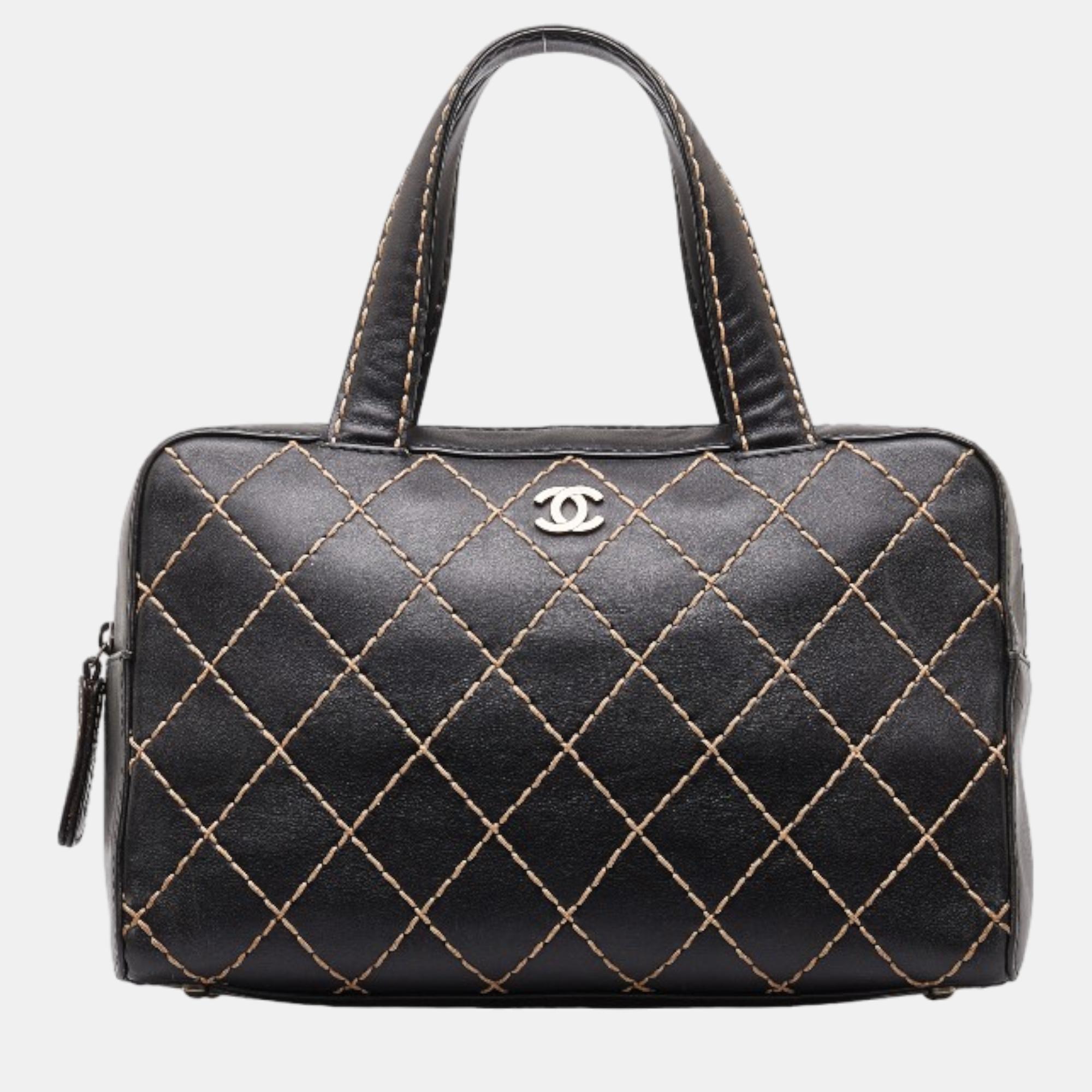 Chanel black leather wild stitch tote bag