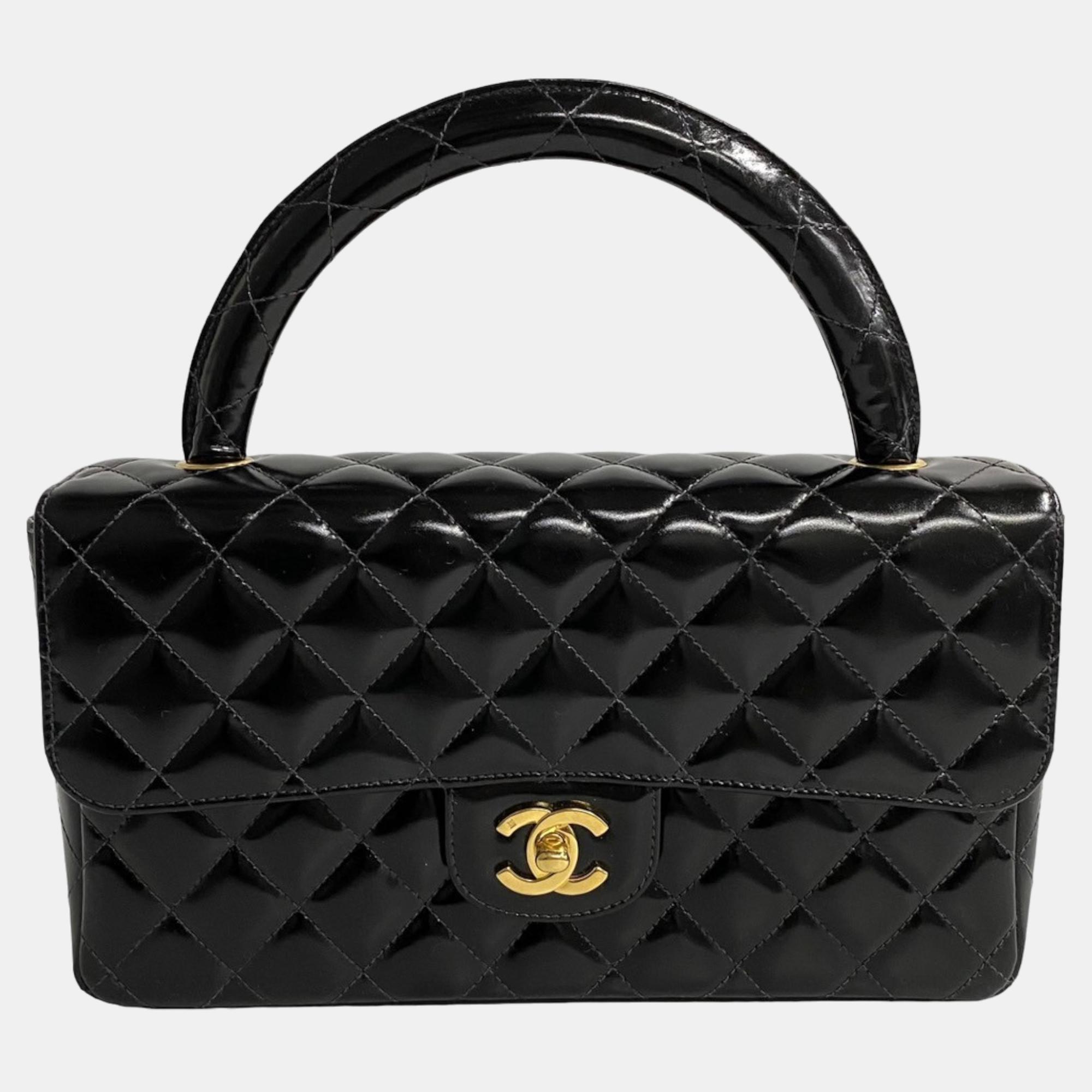 Chanel black patent leather kelly top handle bag