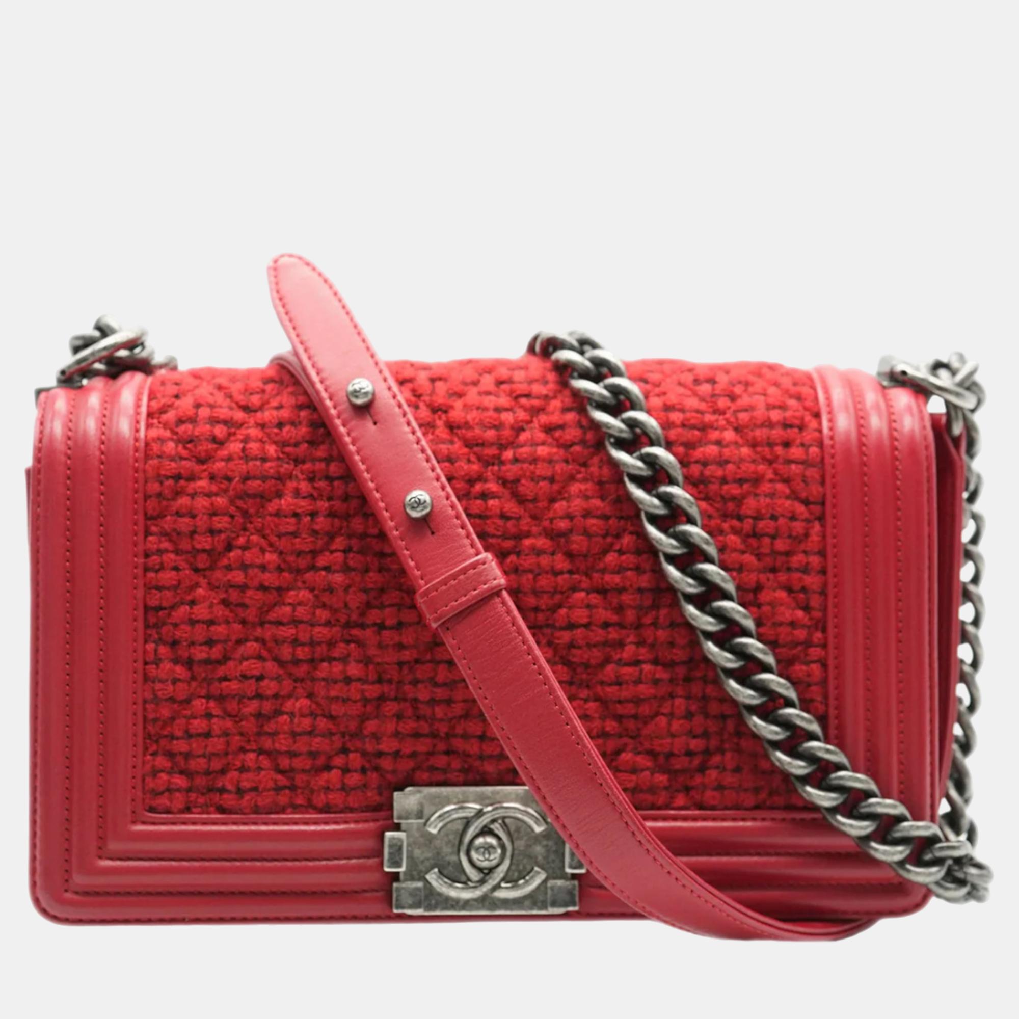 Chanel red quilted tweed lambskin old medium boy bag