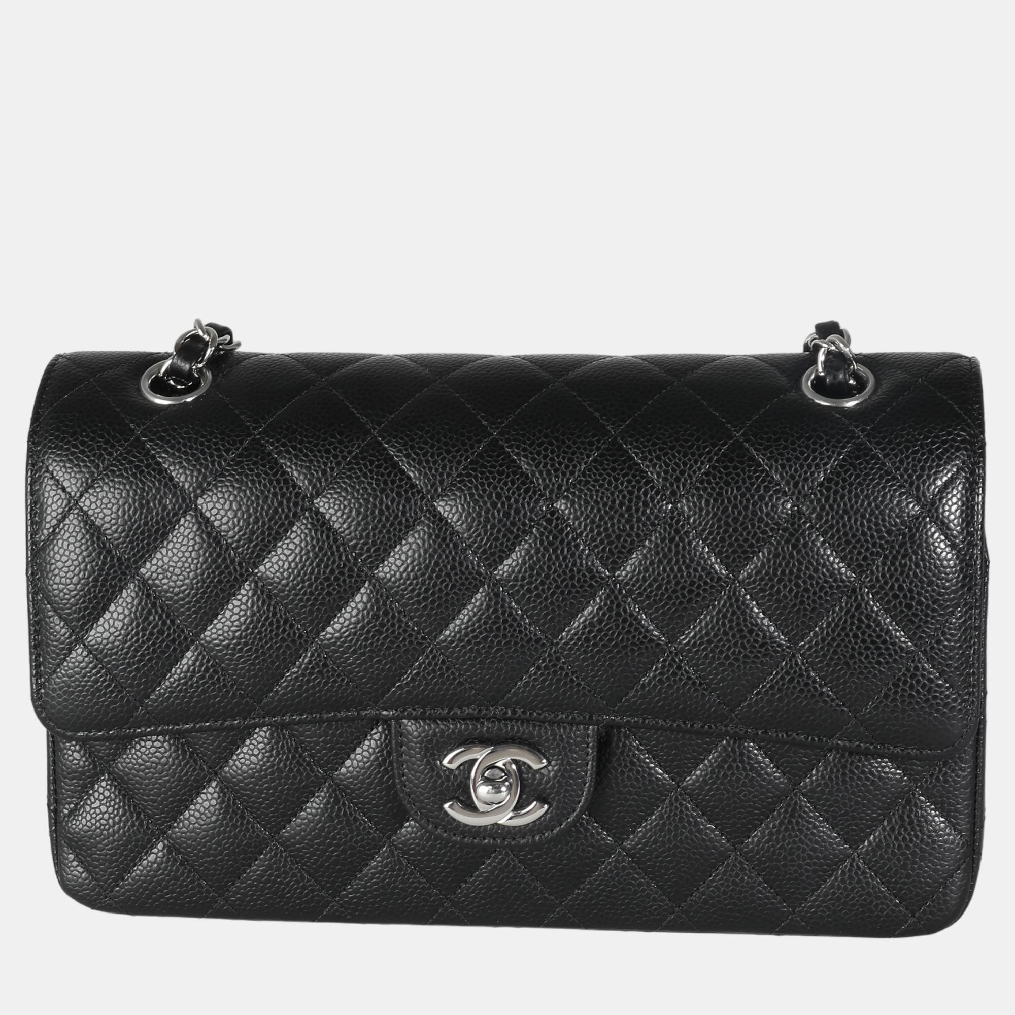 Chanel black quilted caviar medium double classic flap bag