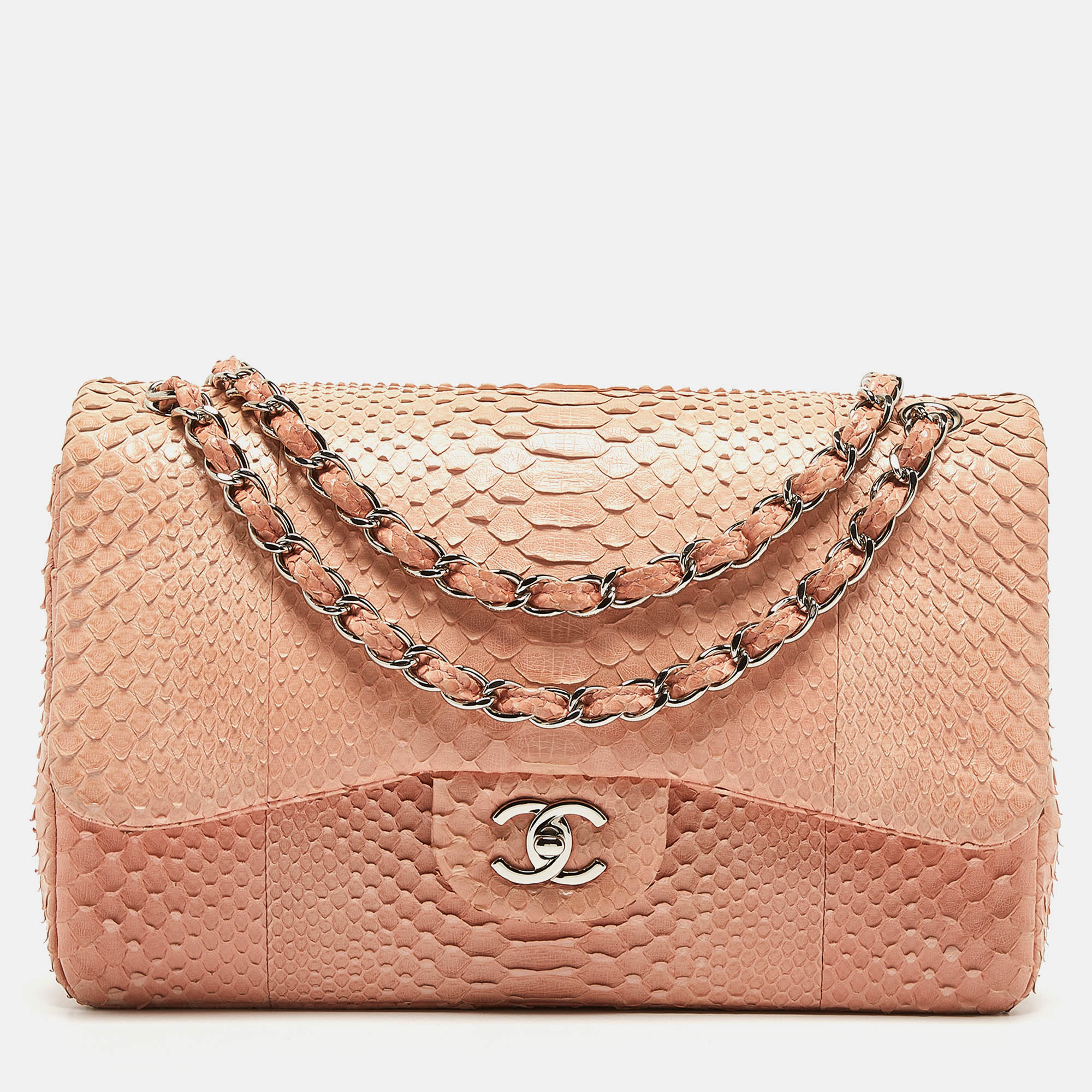 Chanel peach python jumbo classic double flap bag
