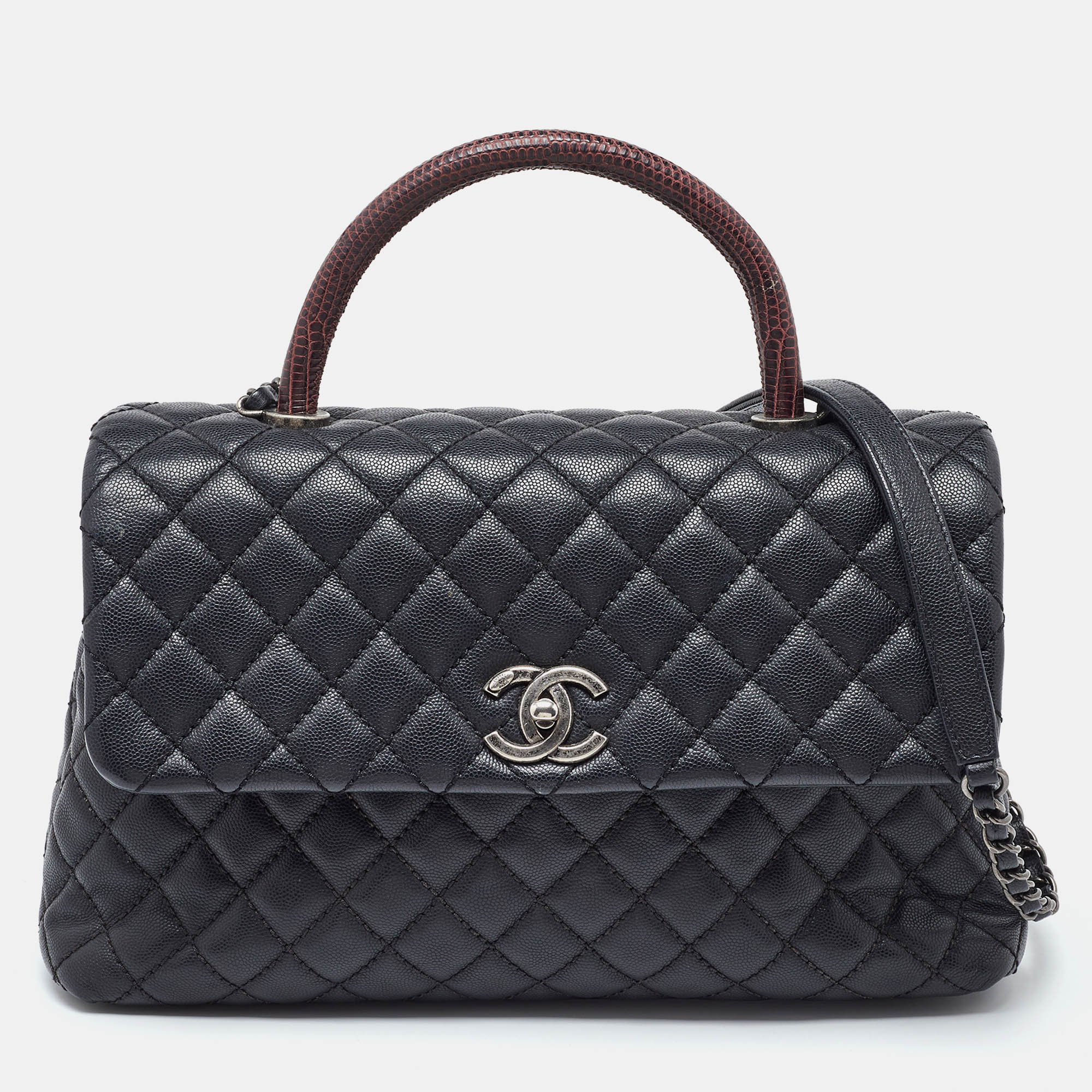 Chanel black/red quilted caviar leather and lizard medium coco top handle bag