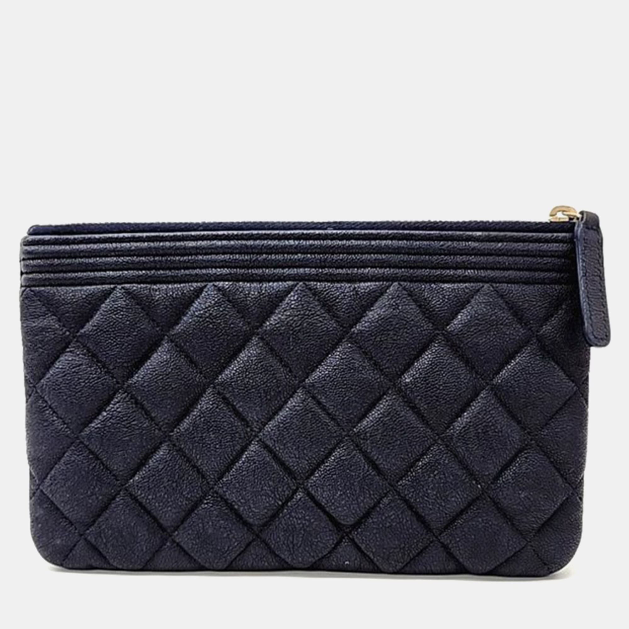 Chanel Navy Blue Caviar Leather Boy Clutch Bag