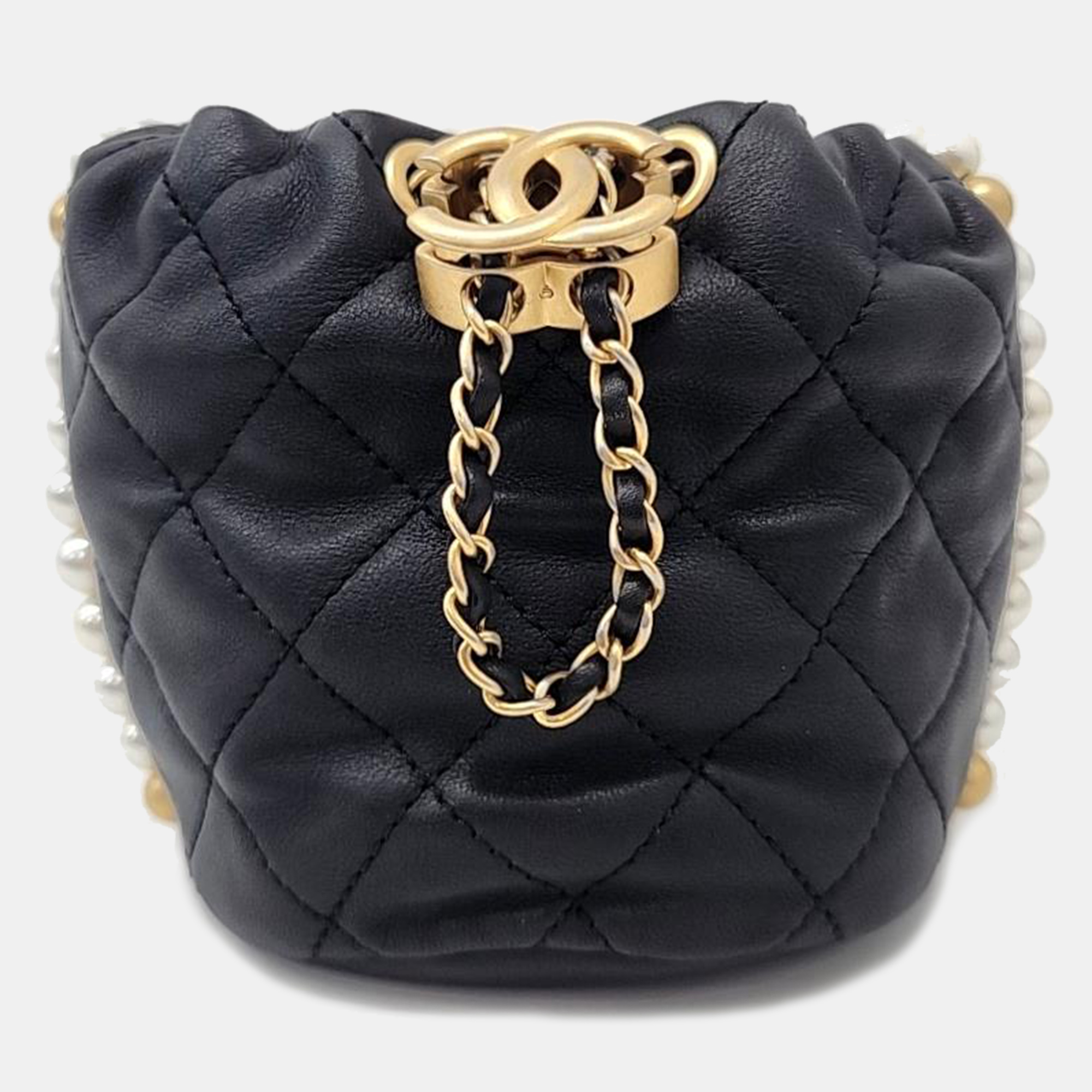 Chanel black leather mini about pearls drawstring bucket bag