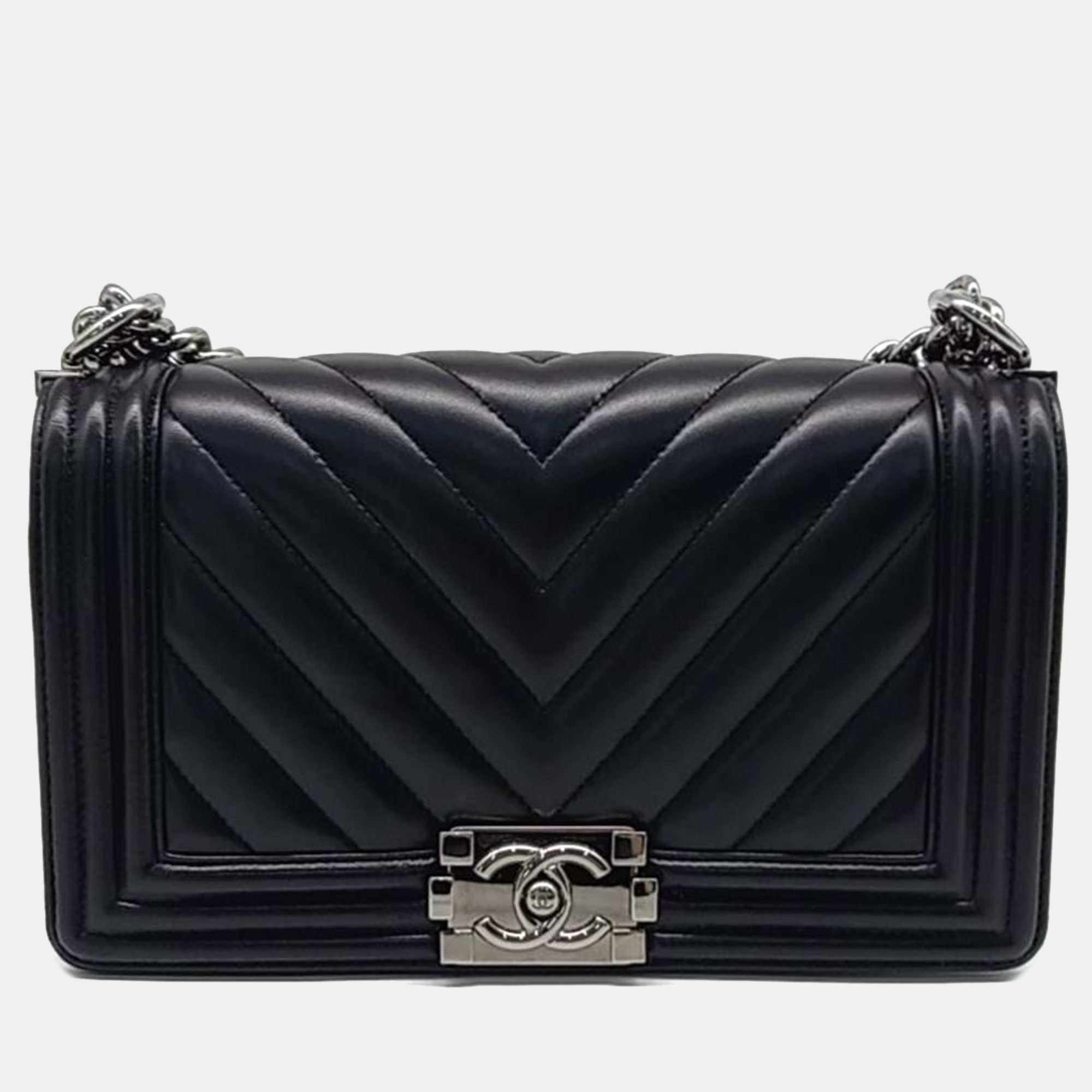 Chanel black caviar leather medium boy bag