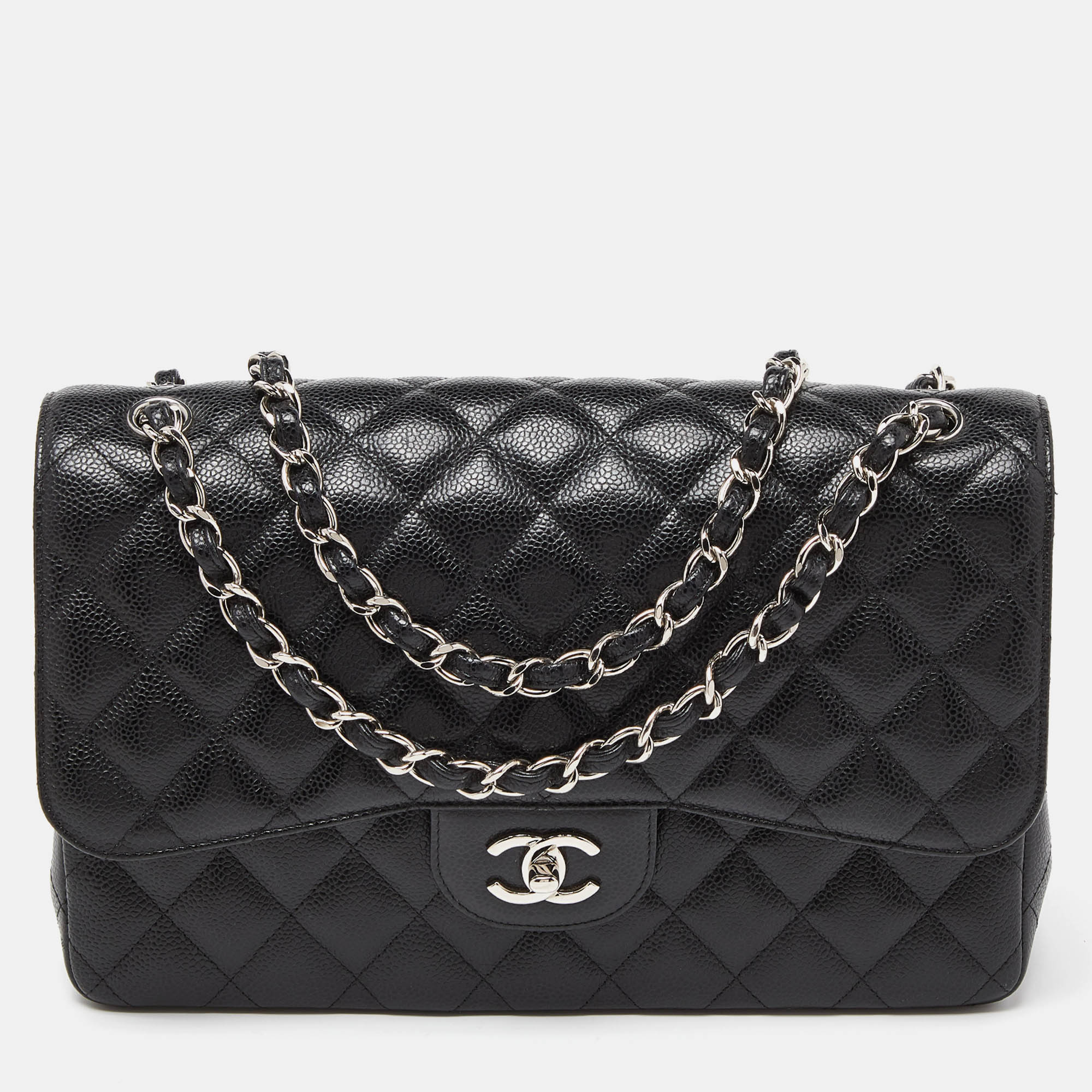 Chanel black caviar quilted leather jumbo classic double flap bag