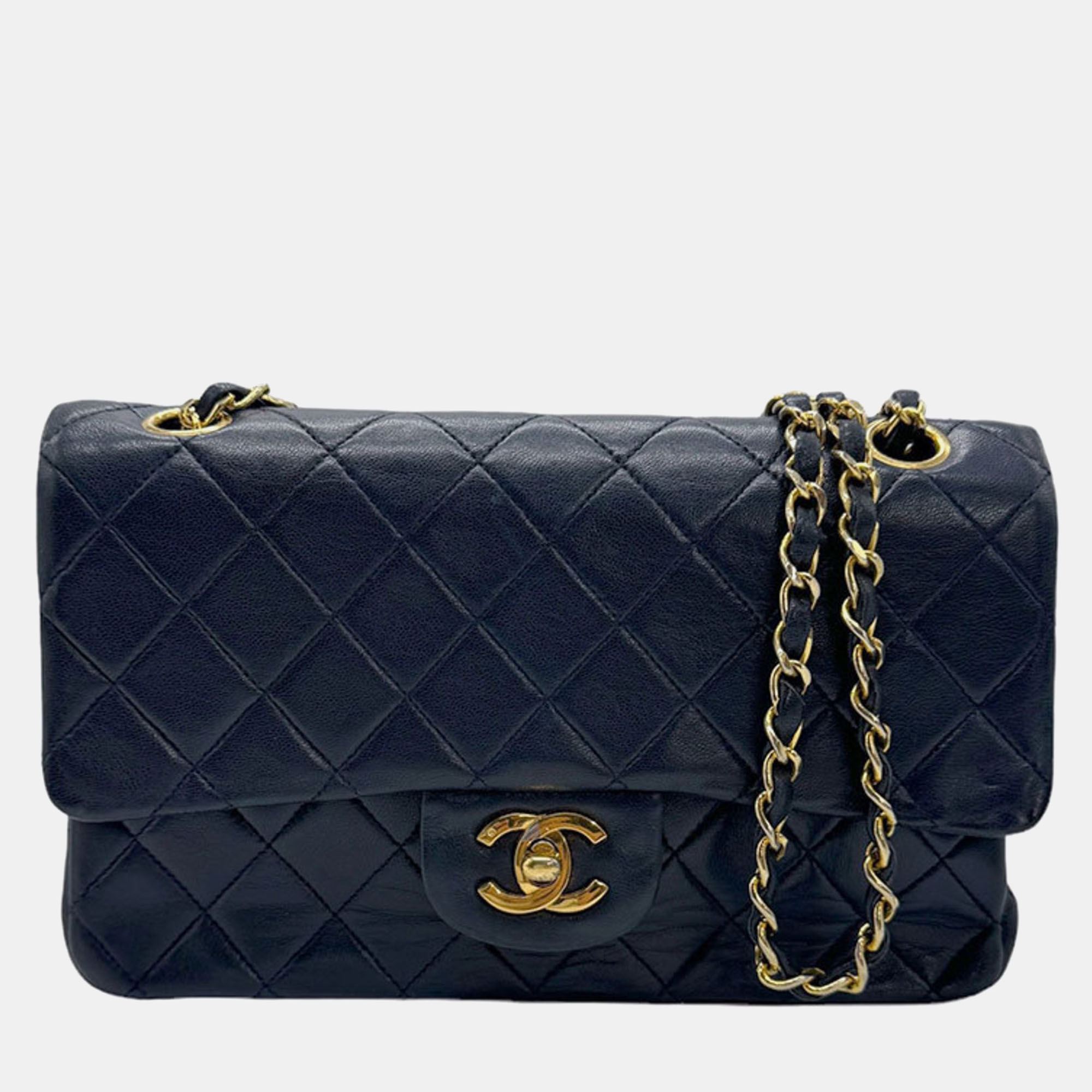Chanel navy leather classic medium double flap bag
