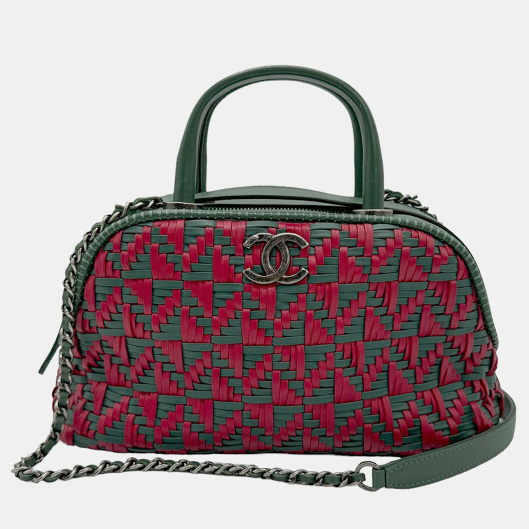 Chanel green/red woven leather bowler bag