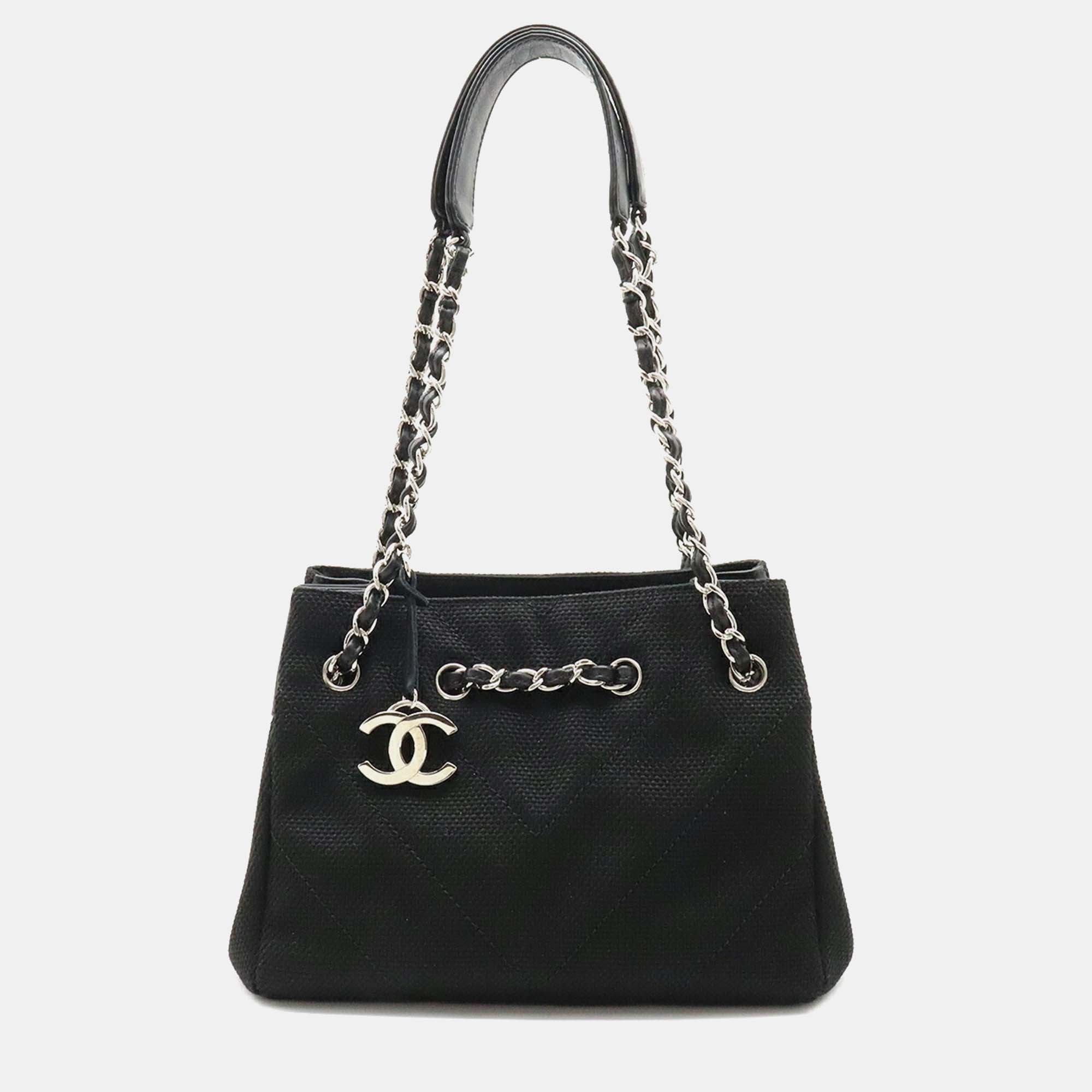 Chanel black canvas/leather chevron cc tote bag
