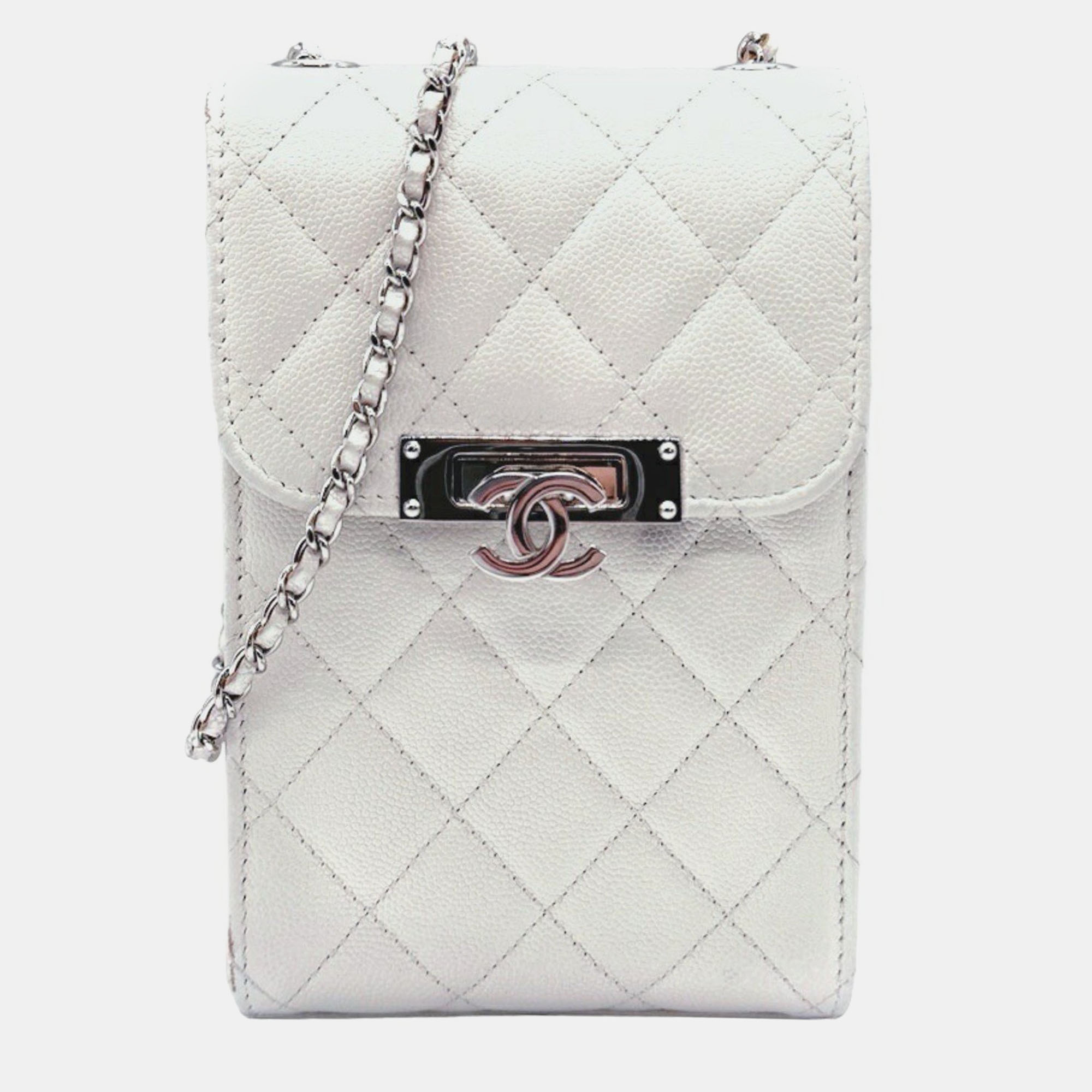 Chanel white caviar quilted golden class phone holder