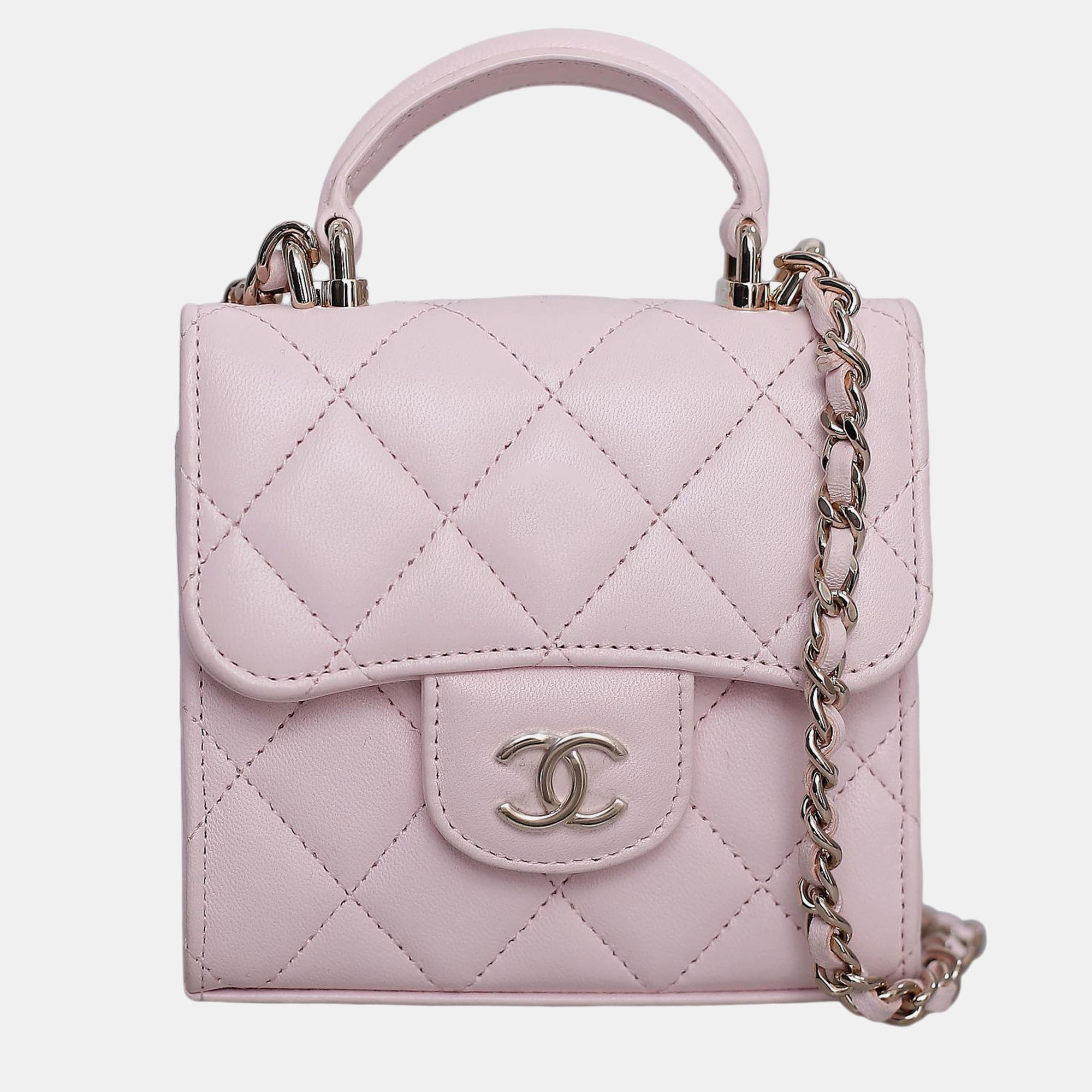 Chanel pink leather micro flap top handle bag