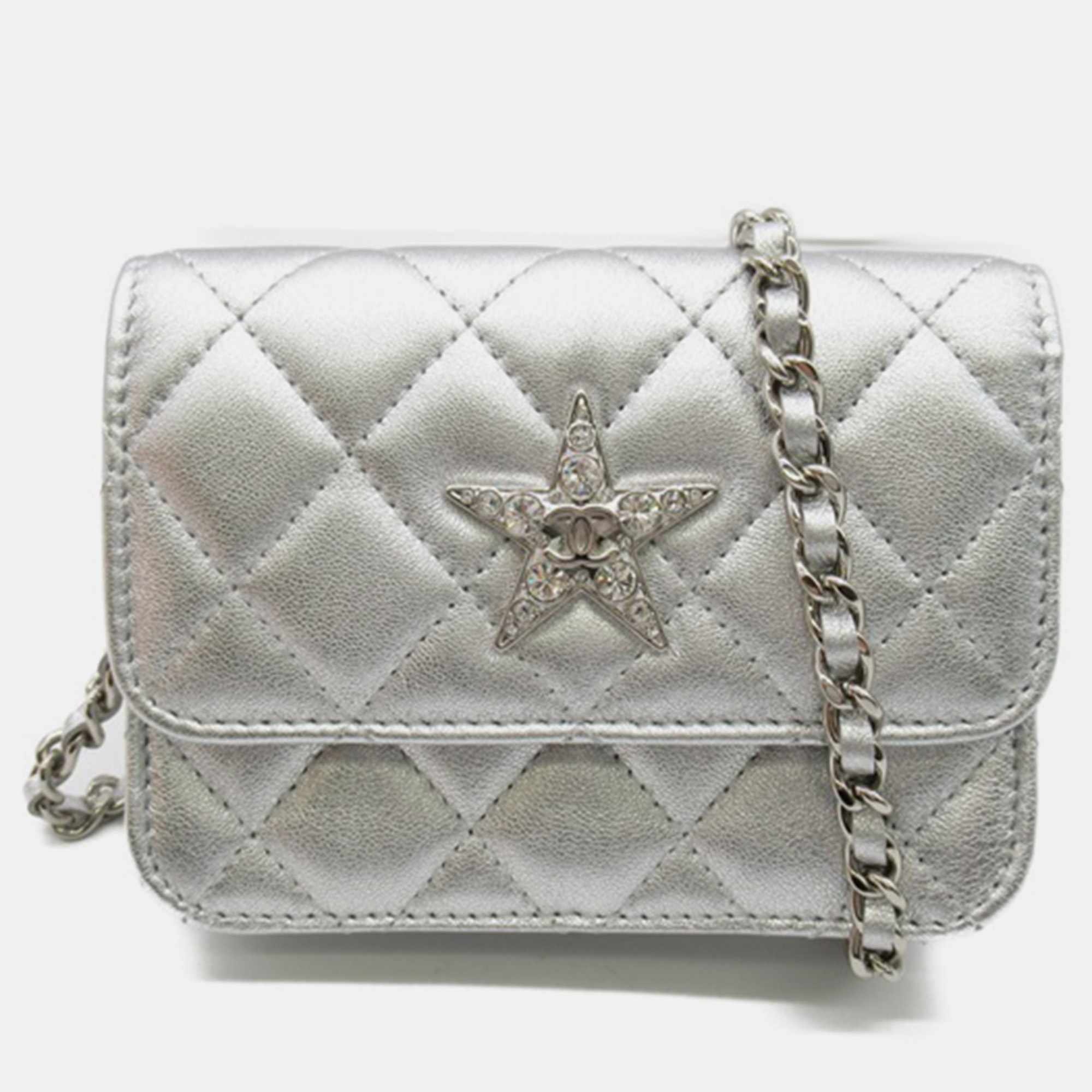 Chanel silver lambskin leather wallet on chain