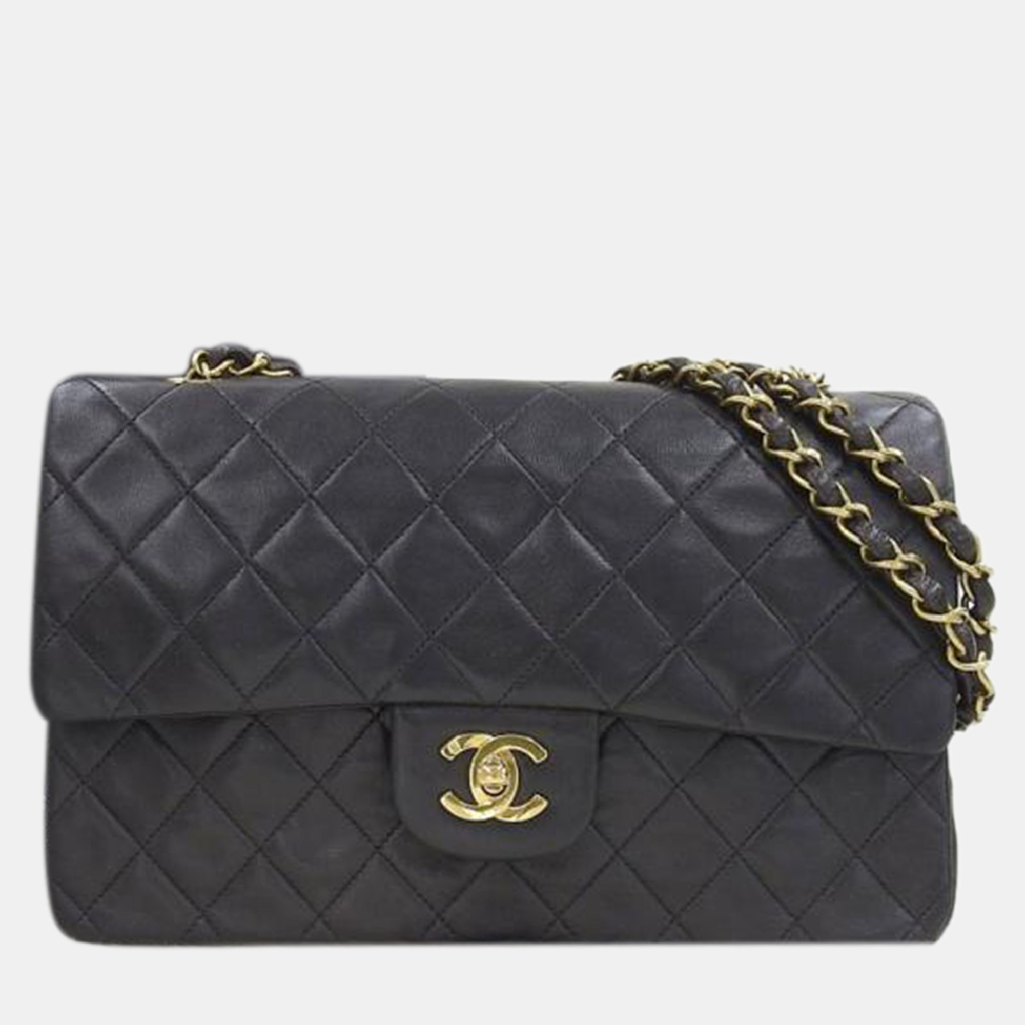 Chanel black lambskin leather small classic double flap shoulder bag