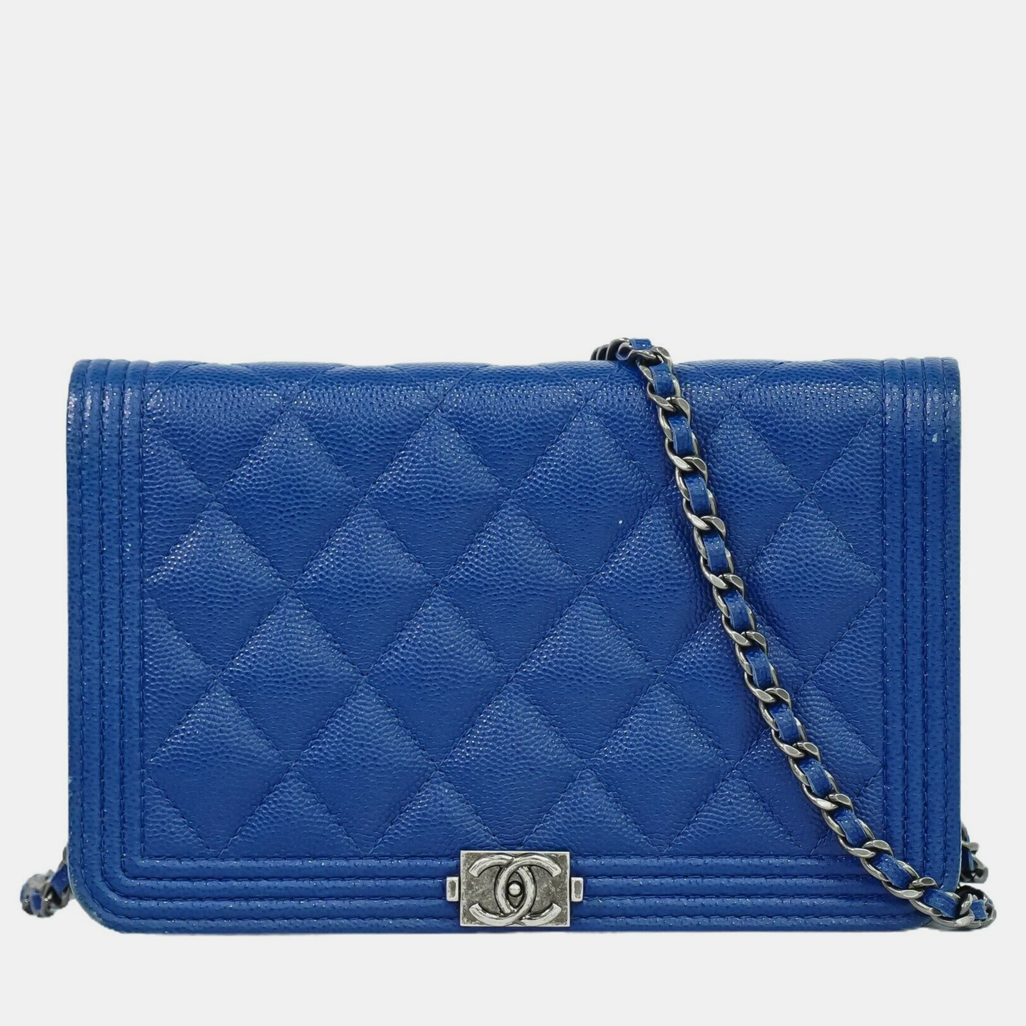 Chanel blue leather boy wallet on chain
