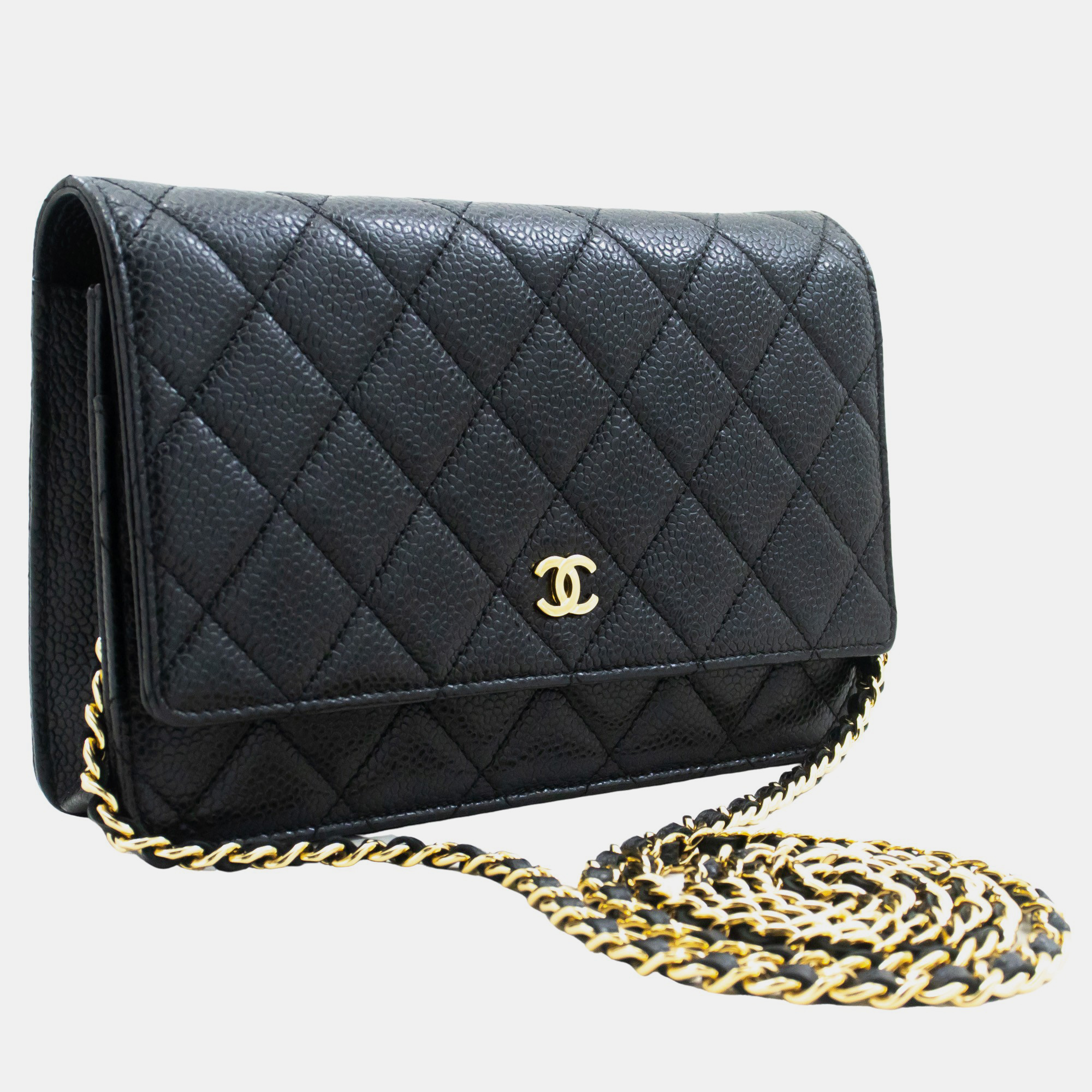 Chanel black leather wallet on chain bag