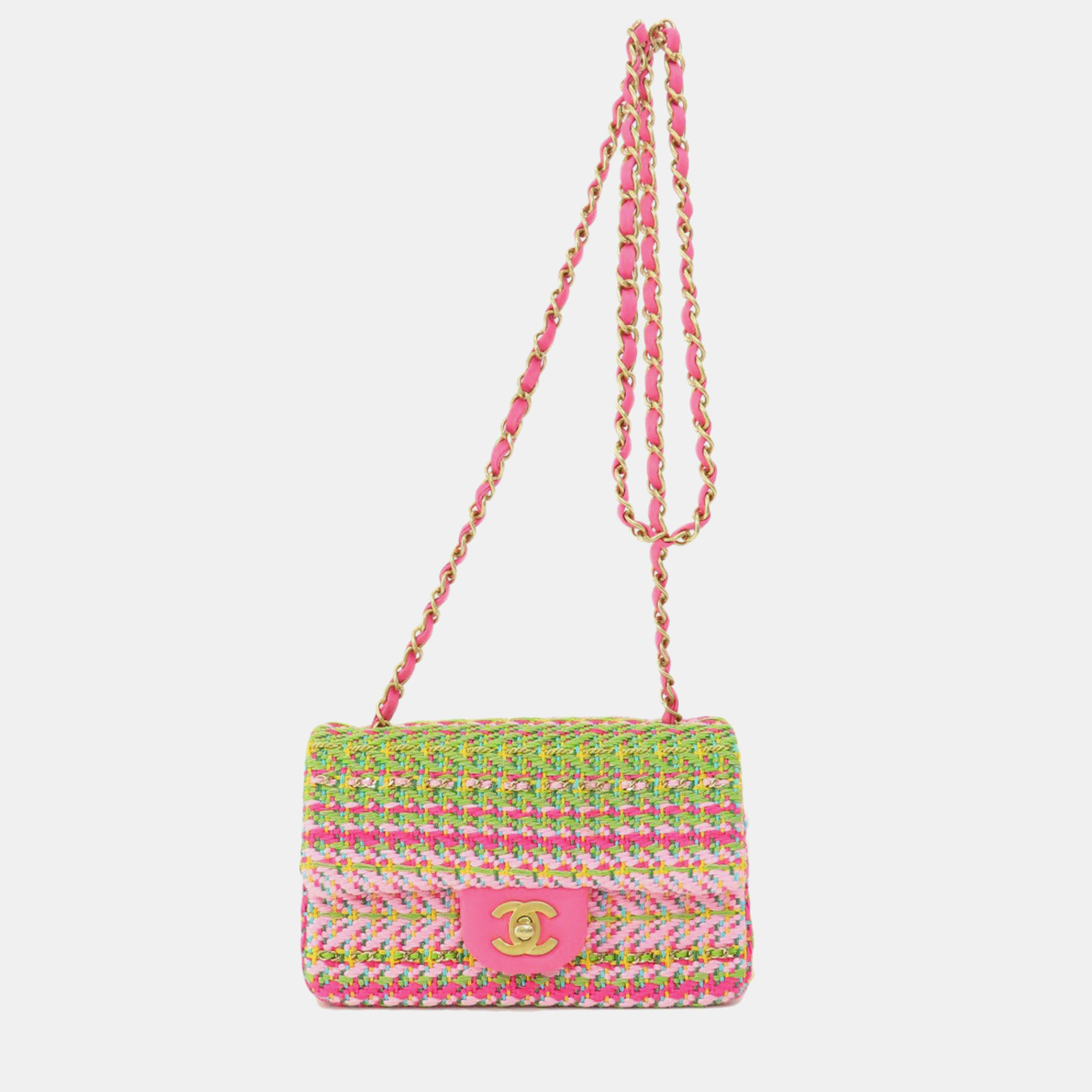 Chanel pink/green cotton mixed fibers woven mini rectangular flap bag
