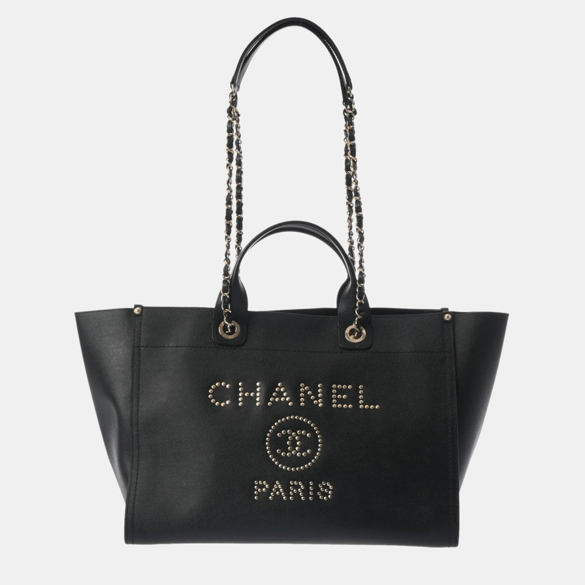 Chanel black leather large deauville tote