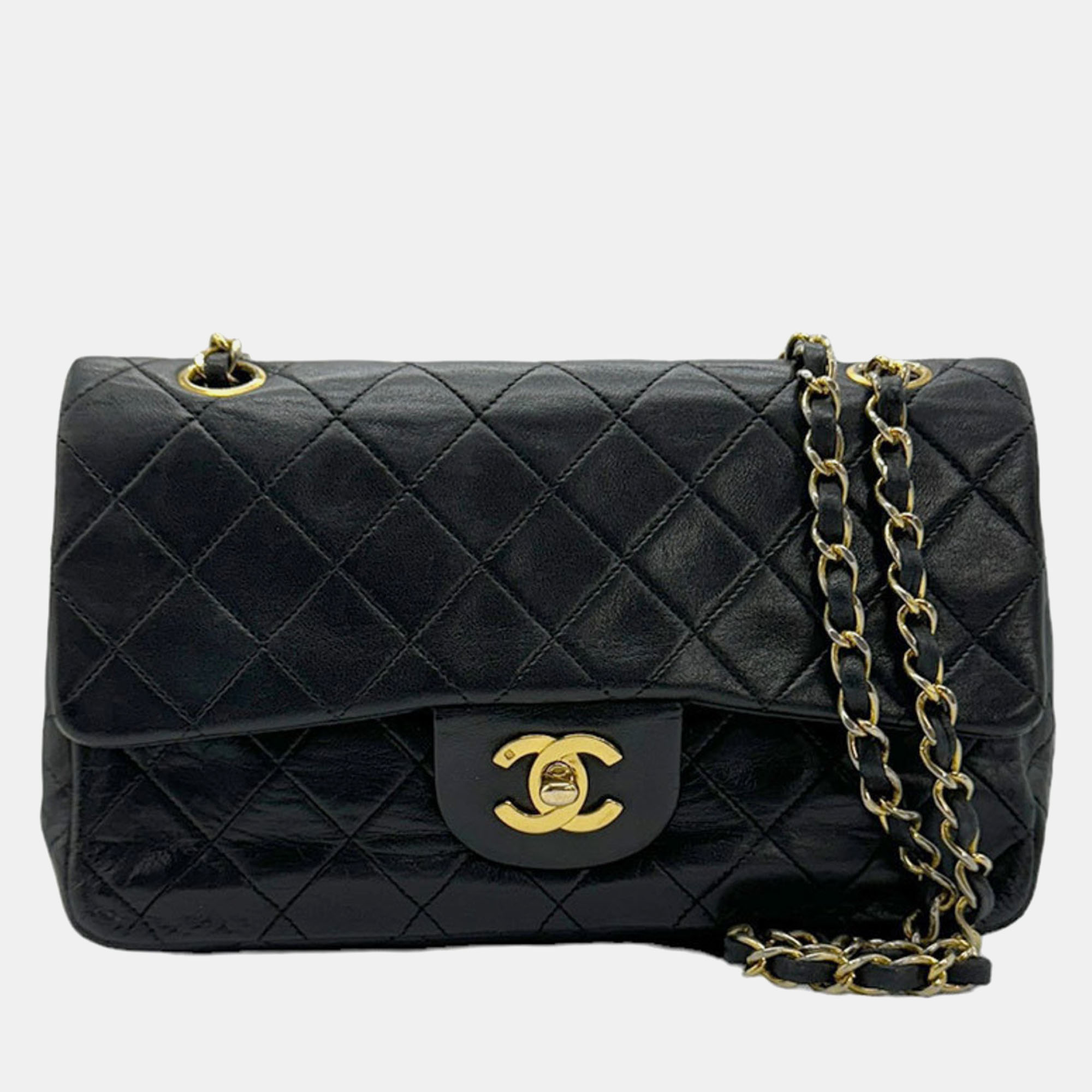 Chanel black small classic lambskin double flap bag