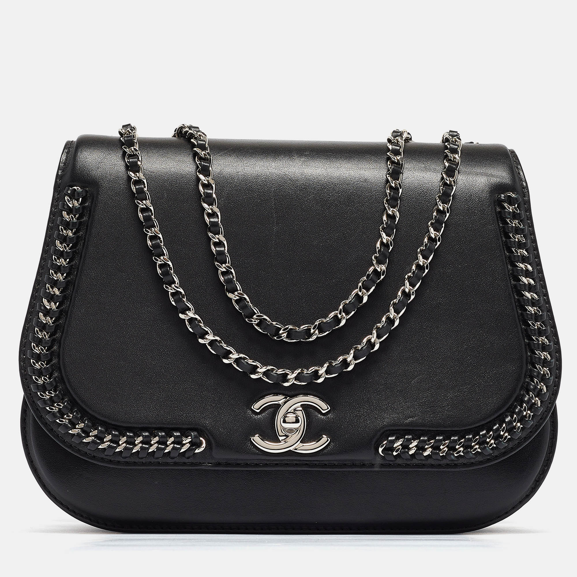 Chanel black leather medium braided chic flap bag