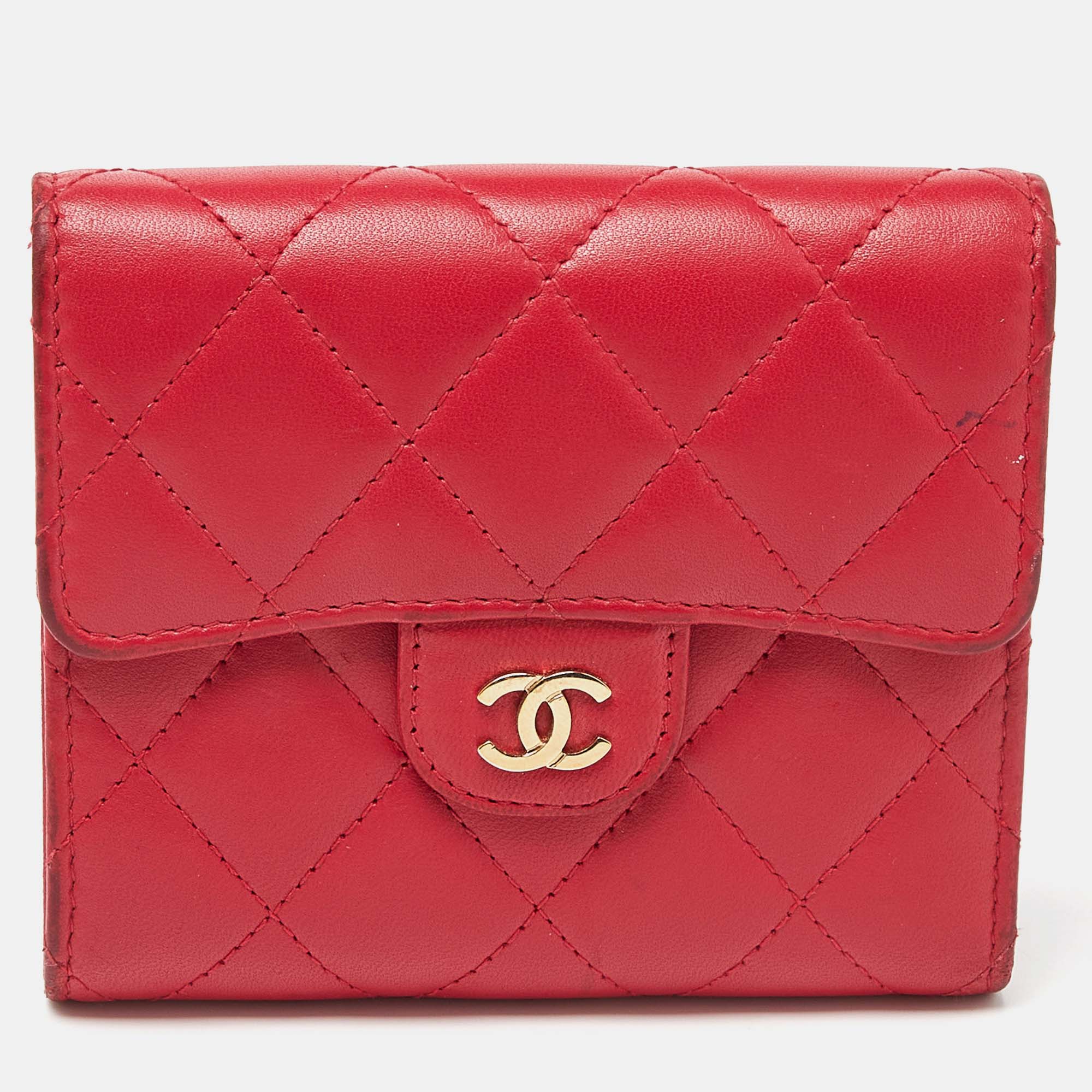 Chanel red quilted leather trifold cc wallet