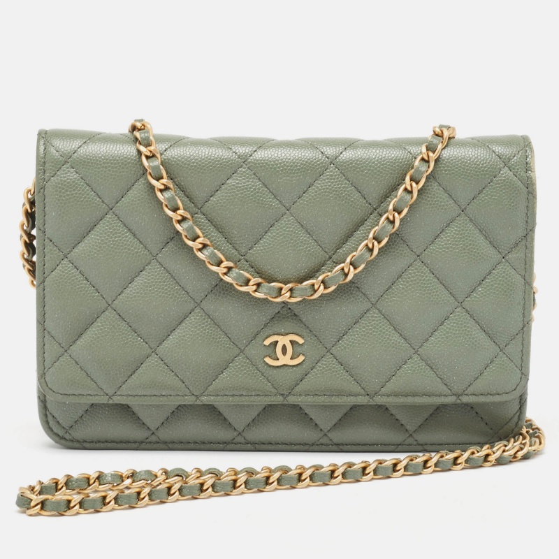 Chanel green quilted caviar leather classic wallet on chain