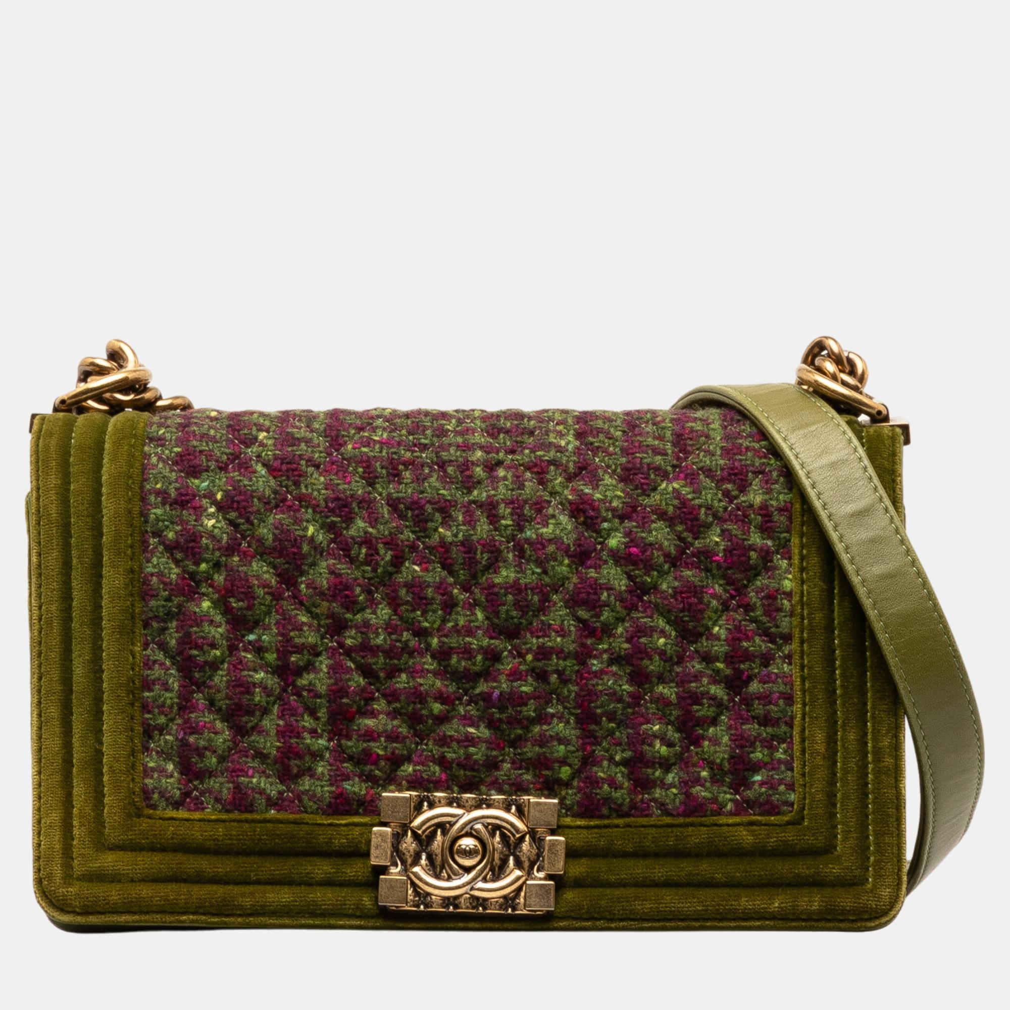 Chanel green/pink small tweed and velvet boy flap