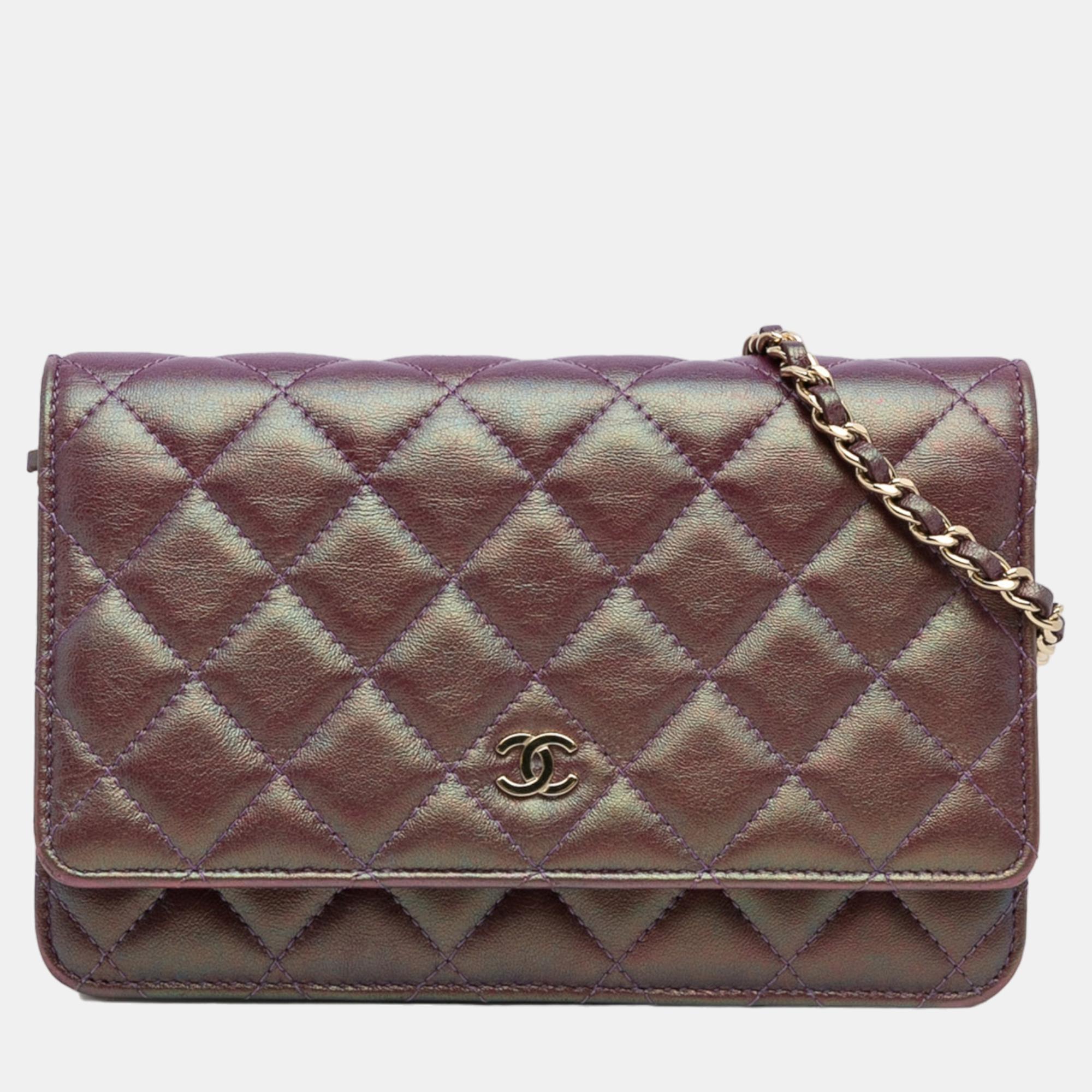 Chanel purple iridescent lambskin cc wallet on chain