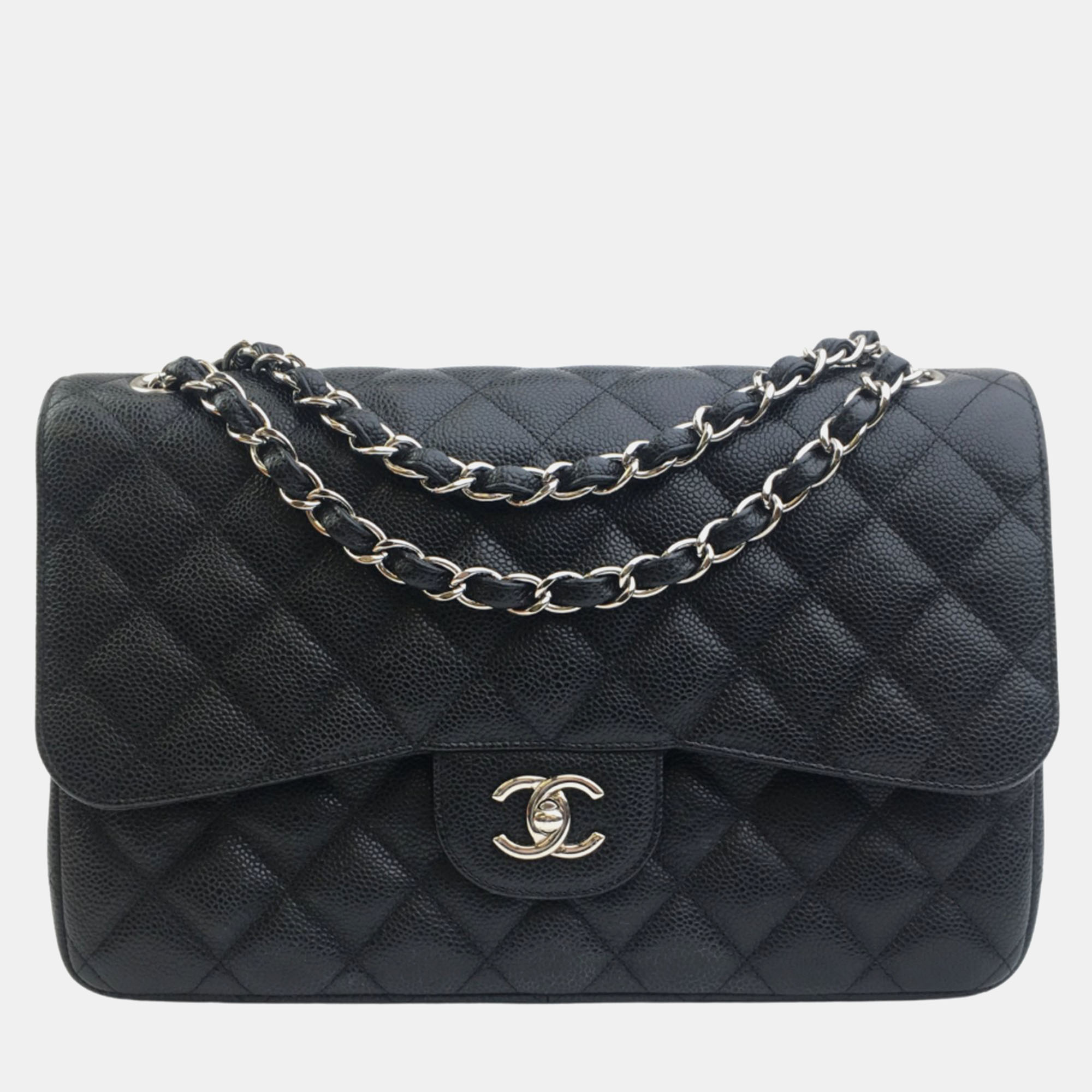 Chanel black caviar leather jumbo classic double flap shoulder bag