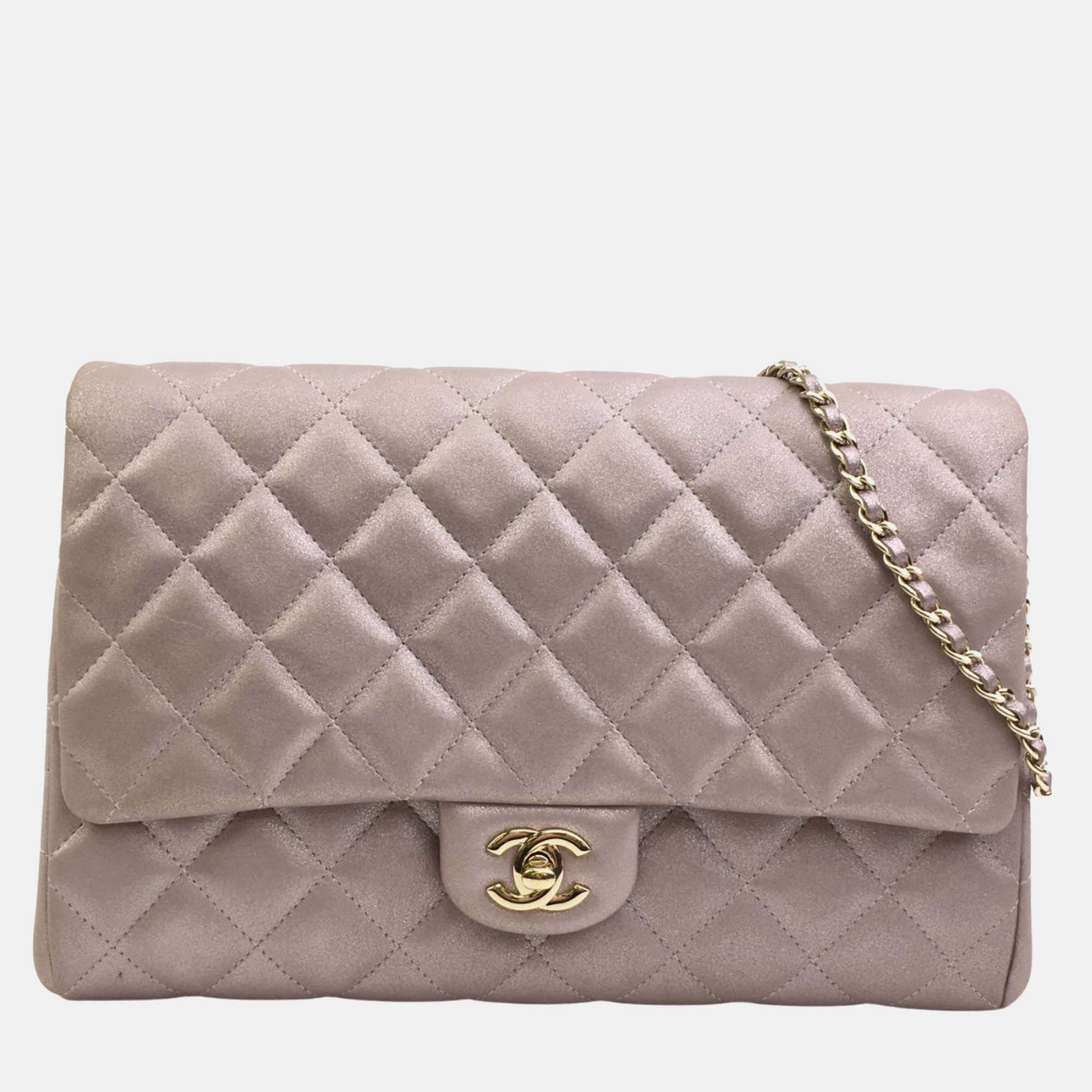 Chanel iridescent pink leather classic clutch on chain