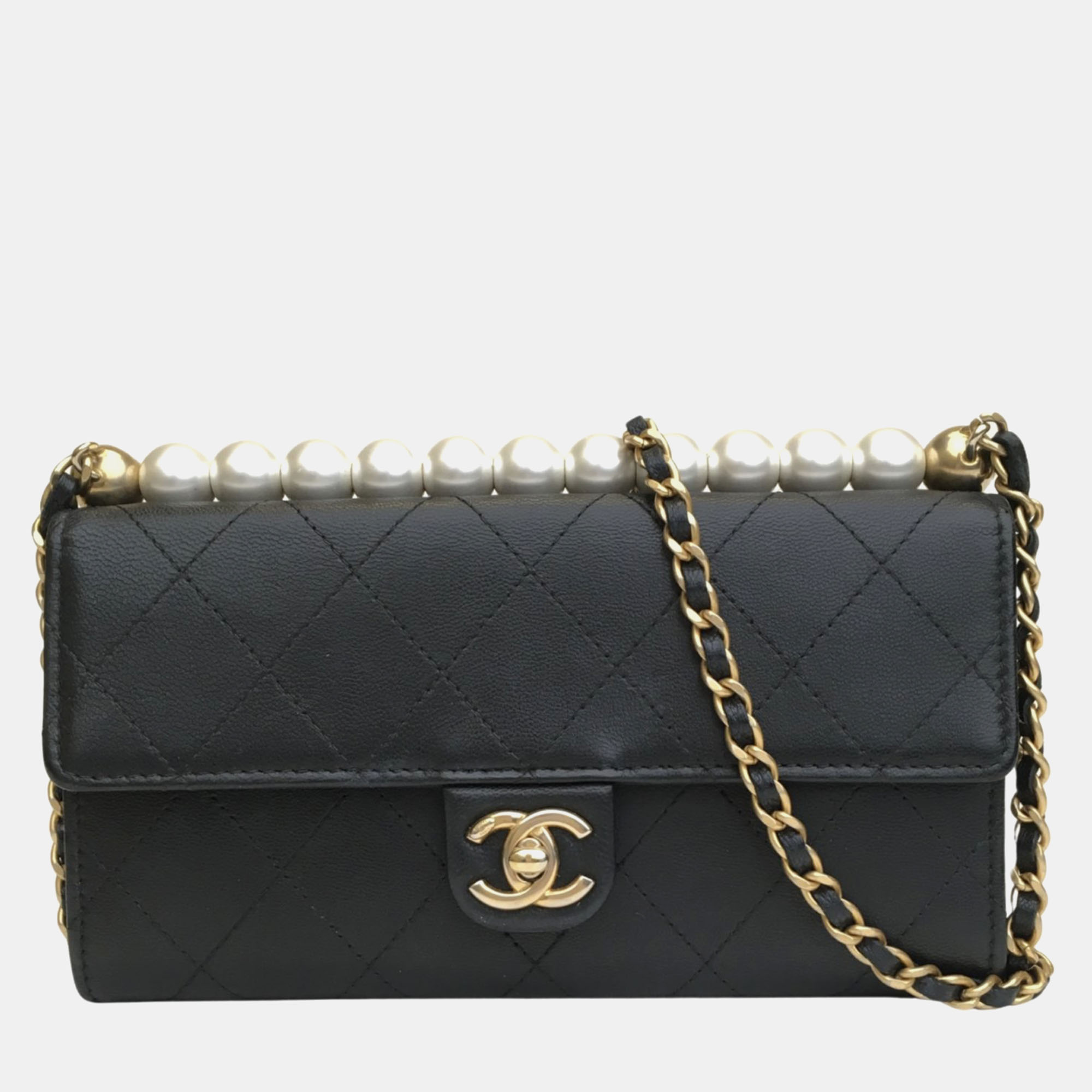 Chanel black goatskin quilted chic pearls clutch with chain
