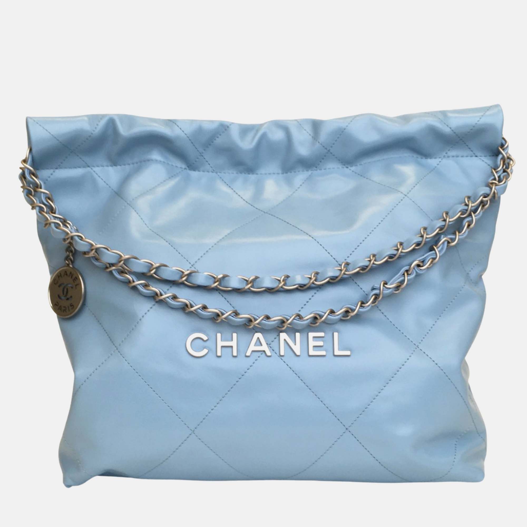 Chanel blue leather small 22 hobo bag