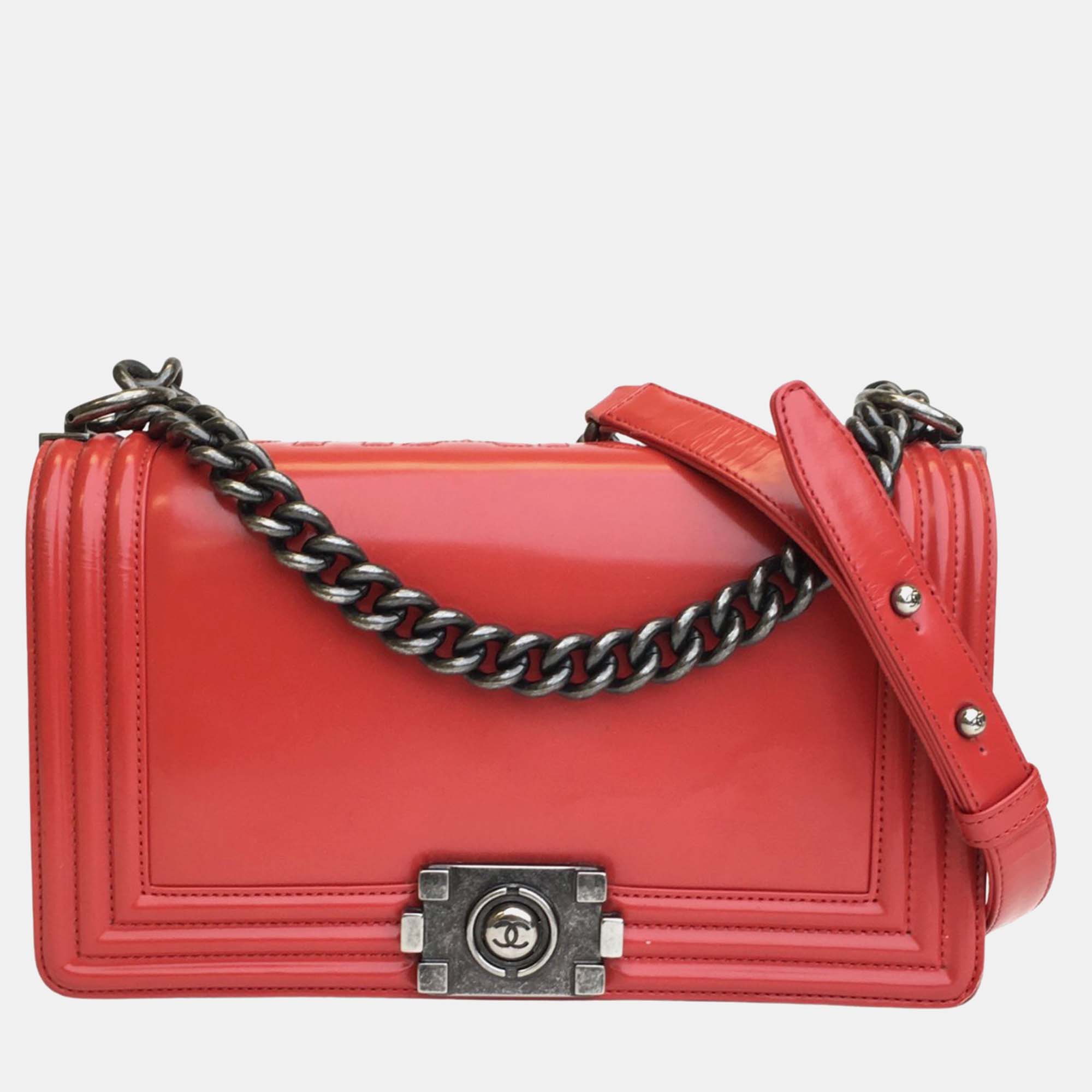 Chanel red patent leather medium boy shoulder bag