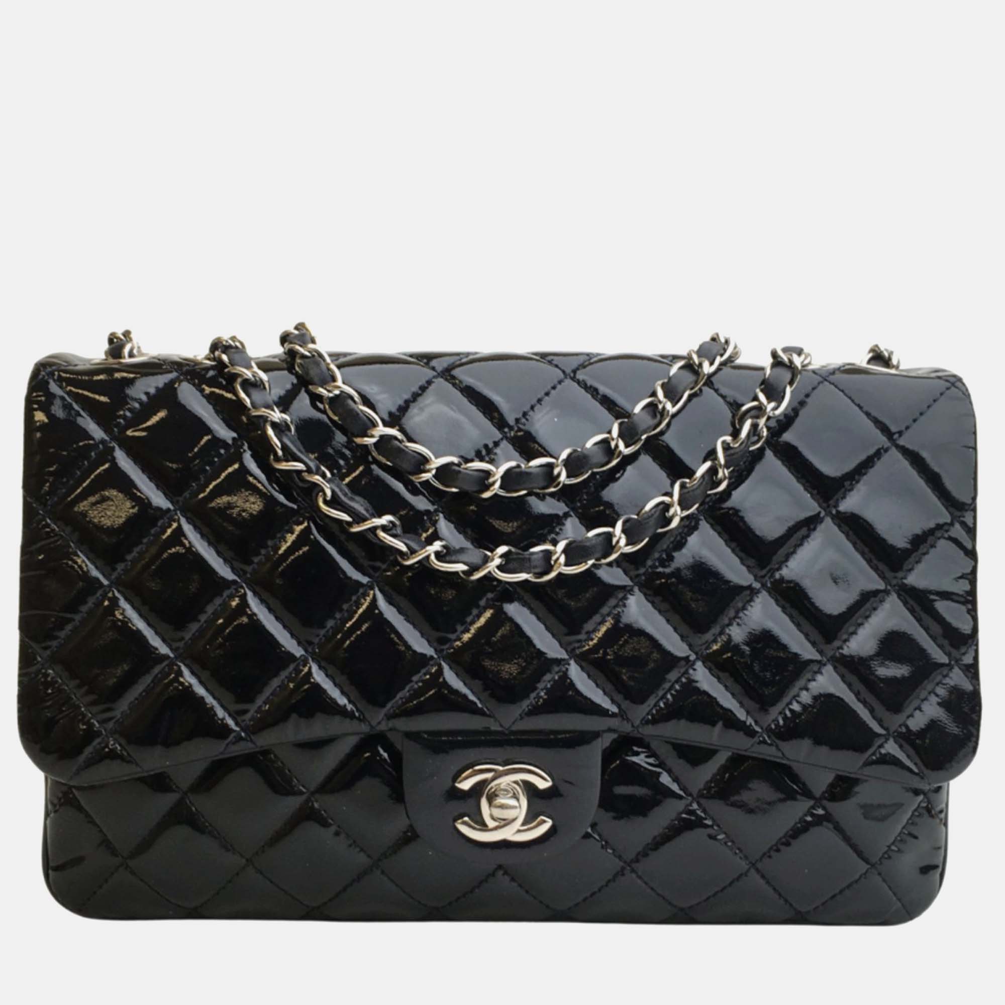 Chanel black patent leather large classic double flap shoulder bag