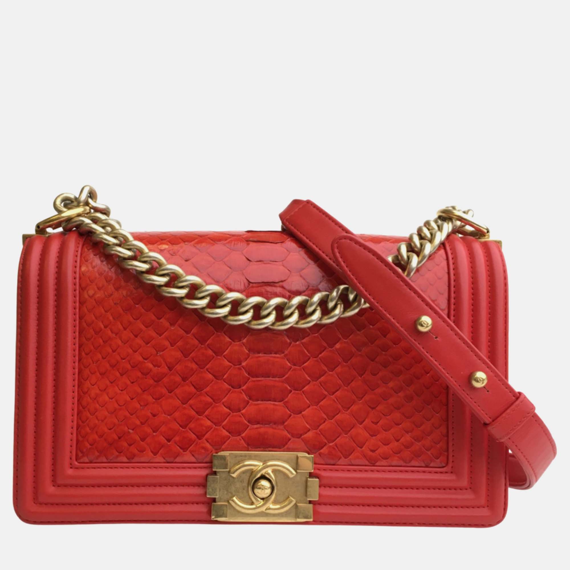Chanel red patent leather medium boy shoulder bag