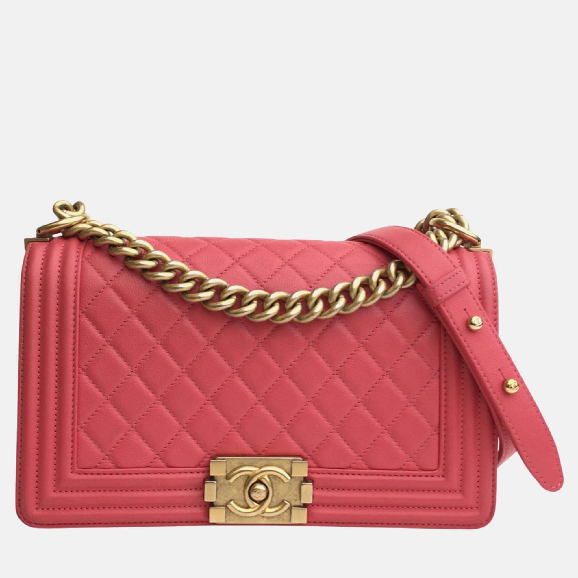 Chanel pink leather quilted medium boy shoulder bag
