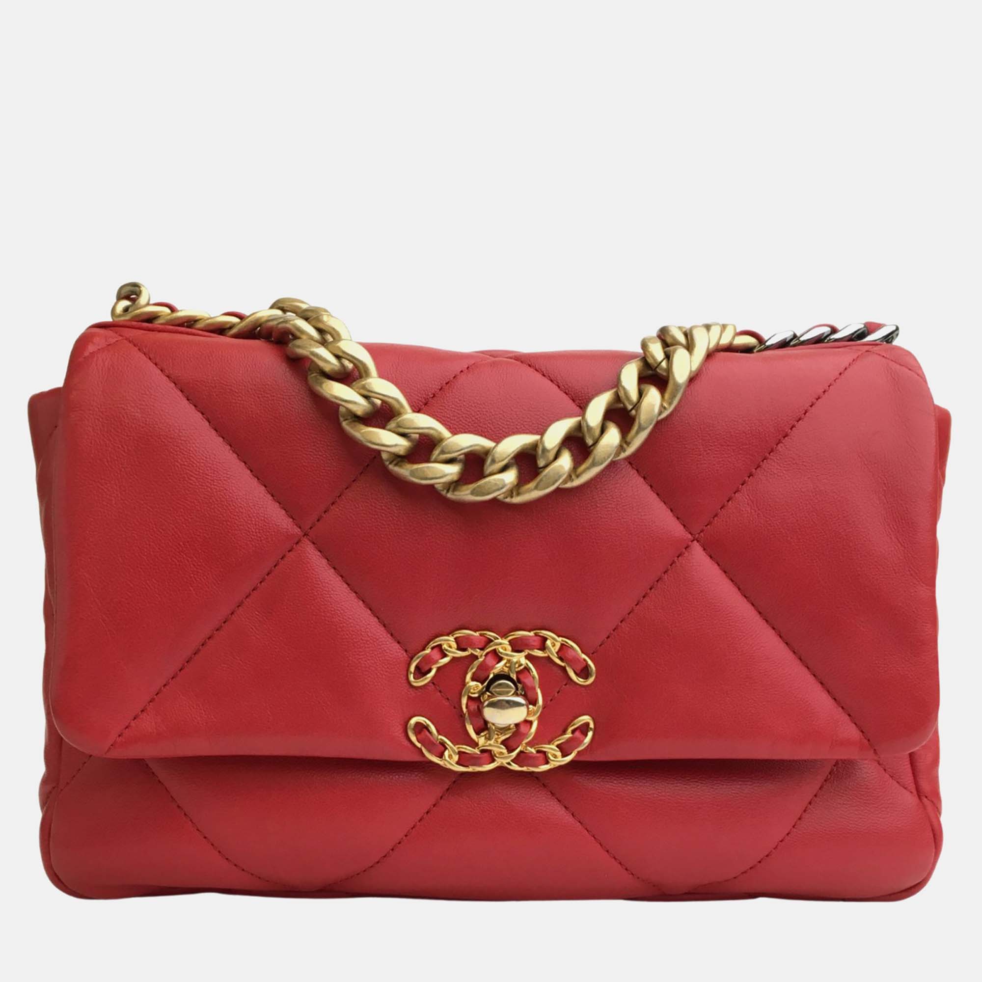 Chanel red leather small 19 shoulder bags