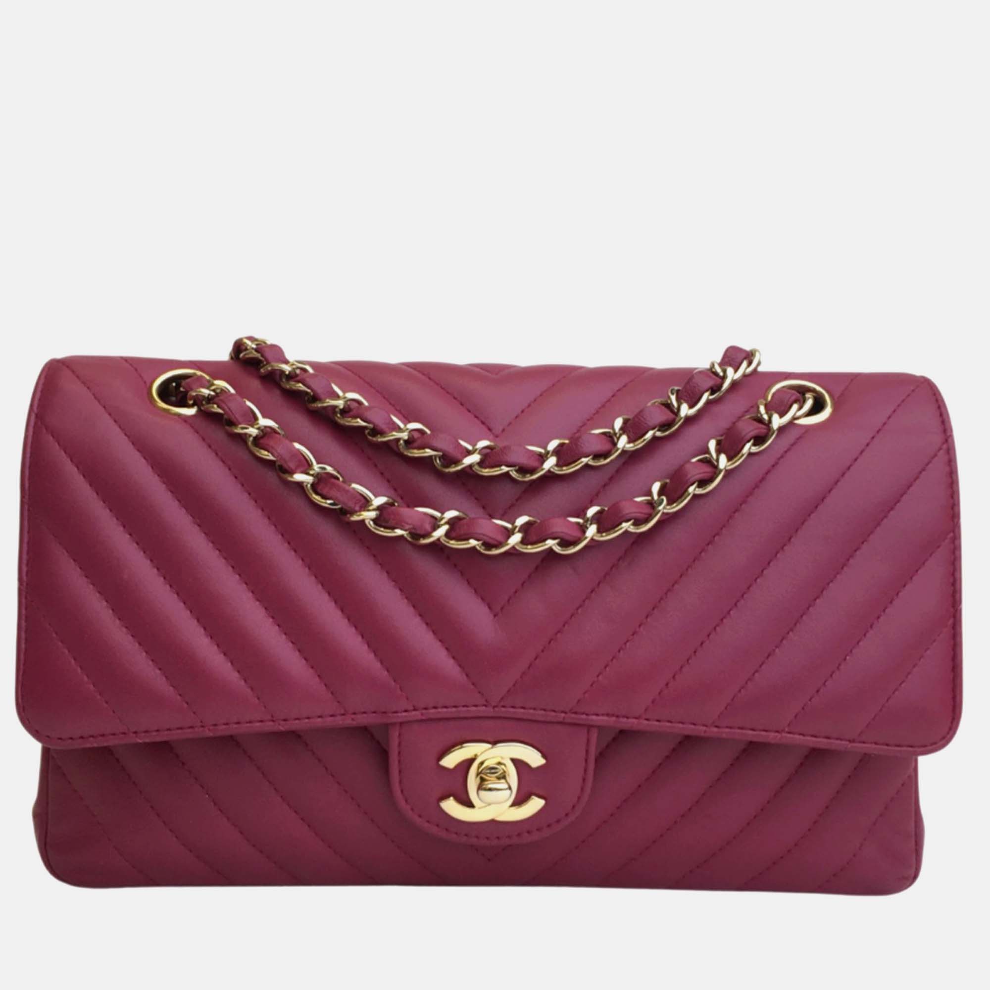 Chanel dark pink leather small classic double flap shoulder bags