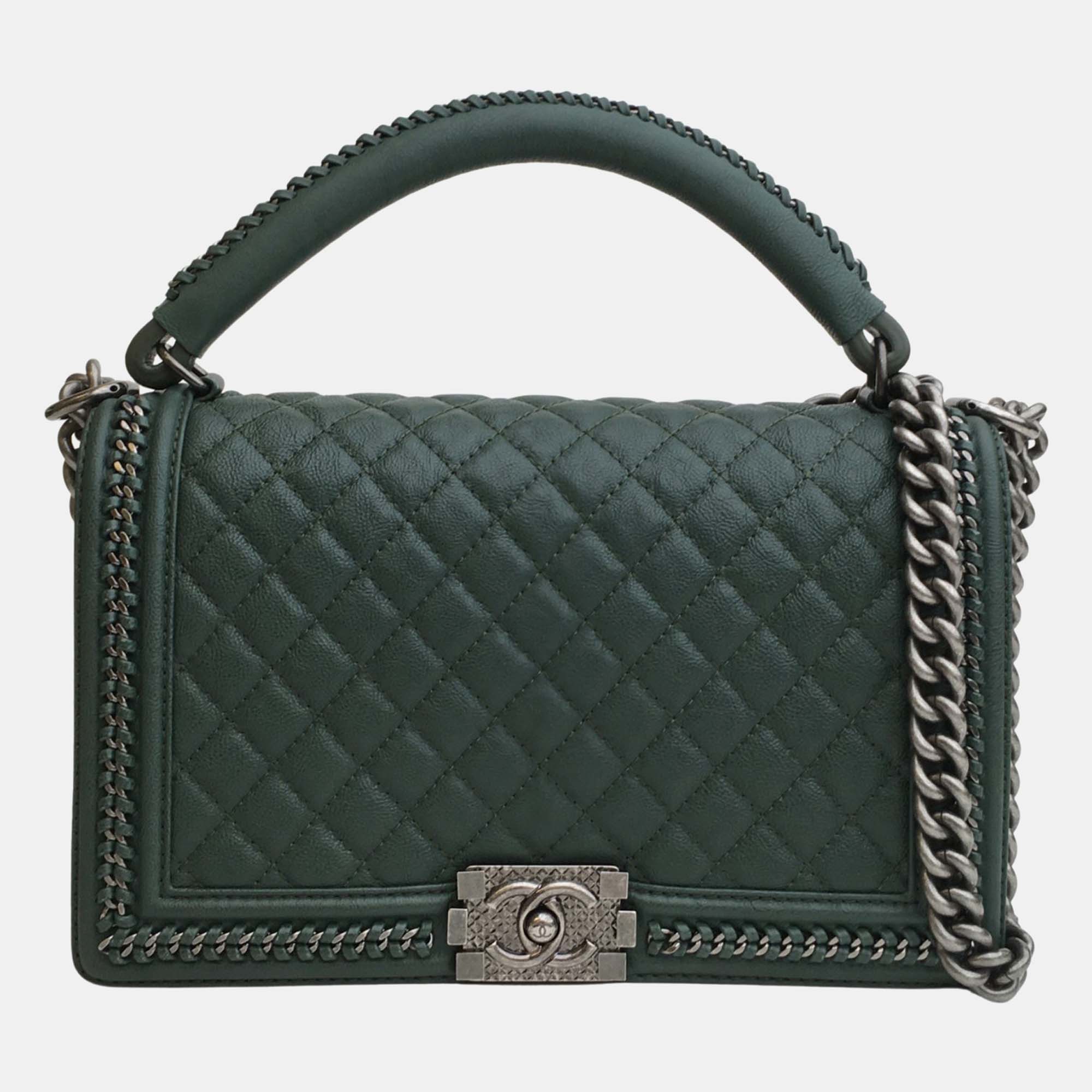 Chanel green leather chain around medium boy top handle bags